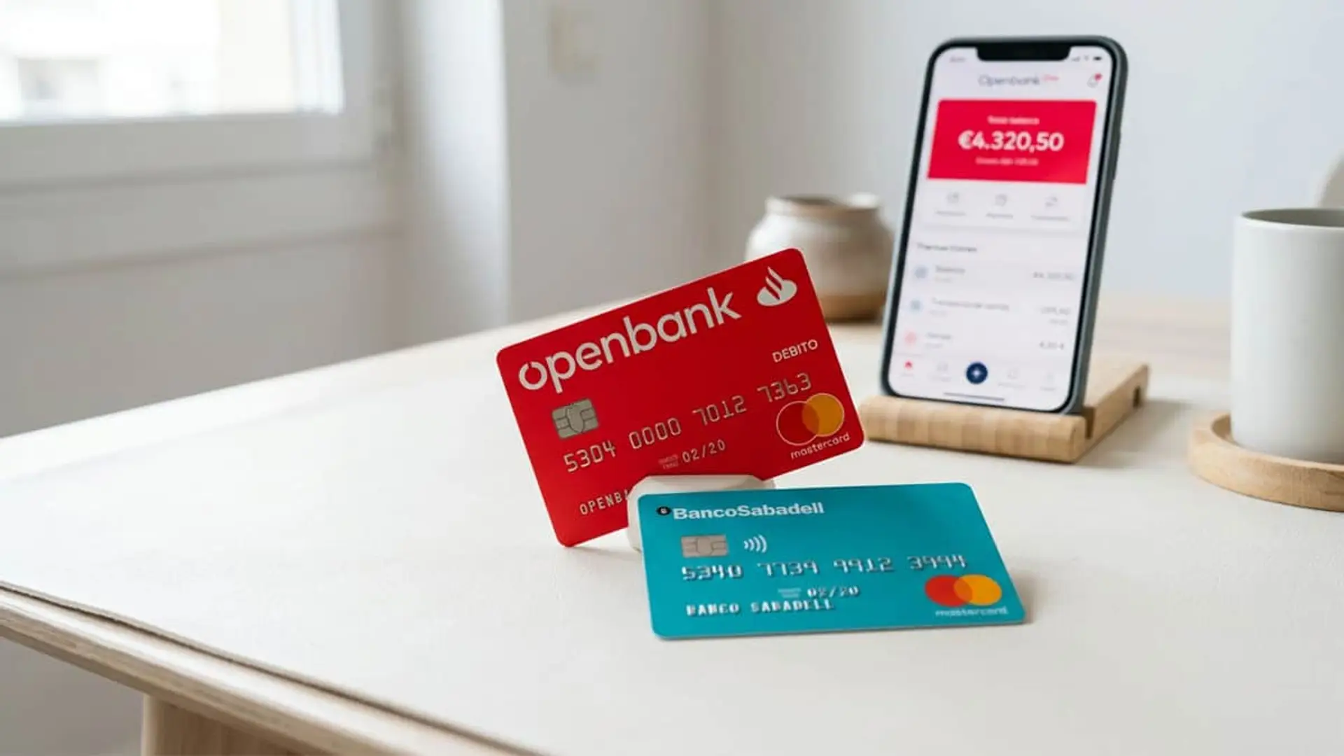 Tarjetas Openbank y Banco Sabadell junto a app bancaria móvil para gestión digital de cuentas y finanzas.