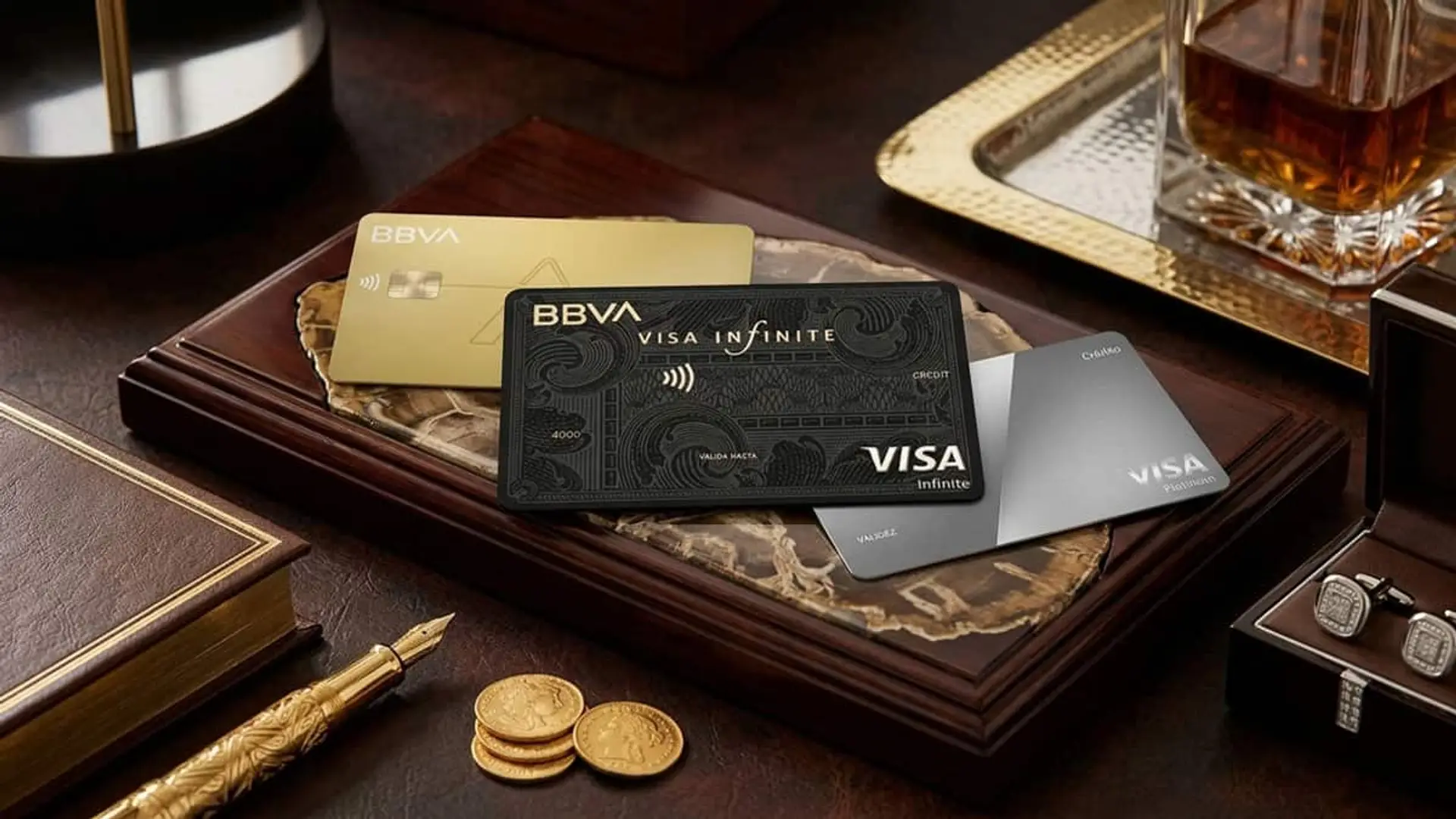 Tarjetas bancarias premium BBVA Visa Infinite y otras tarjetas de crédito sobre una mesa elegante.
