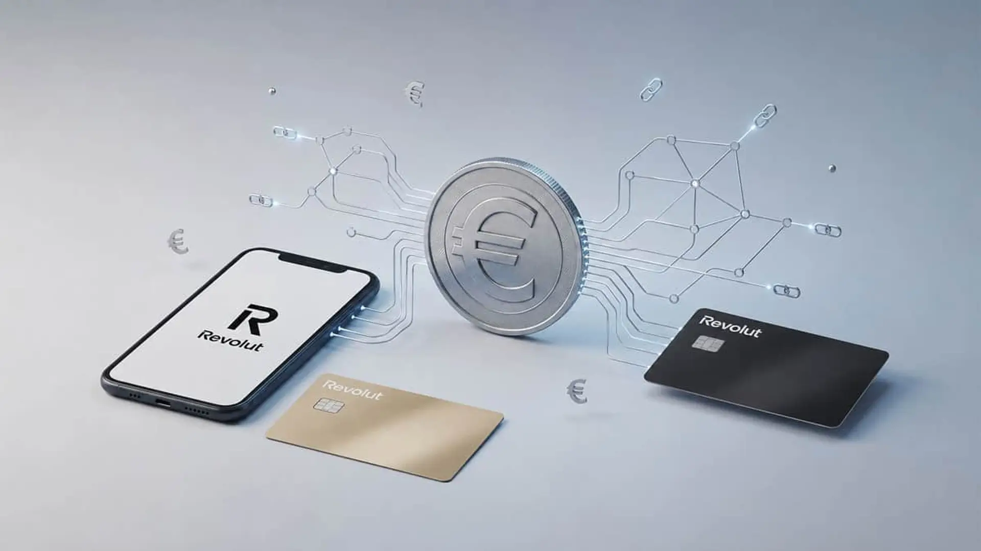 Revolut lanza EURR, su stablecoin en euros, pero España tendrá que esperar Tarjetas Revolut, smartphone y moneda con símbolo del euro conectados mediante una red digital.