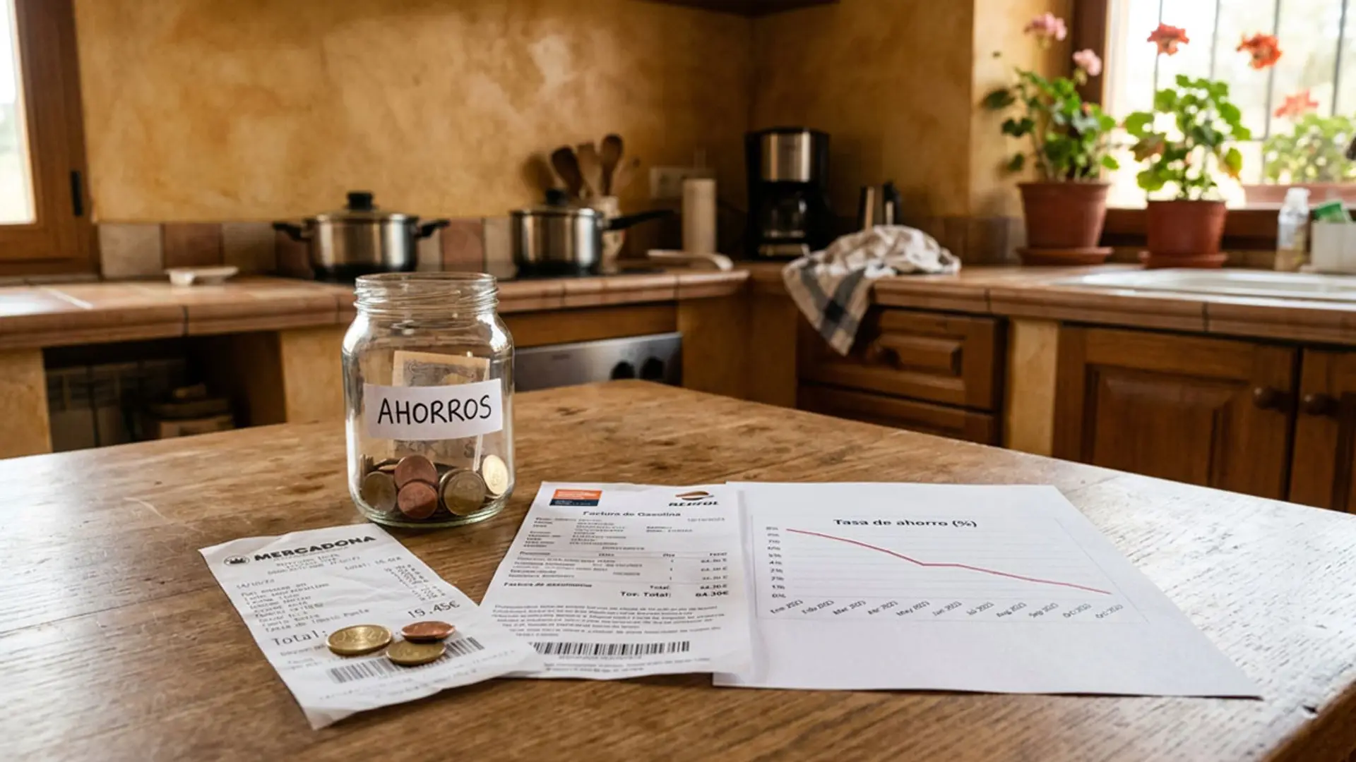 Tarro de ahorros con monedas sobre una mesa de cocina junto a tickets, una factura y un gráfico de la tasa de ahorro
