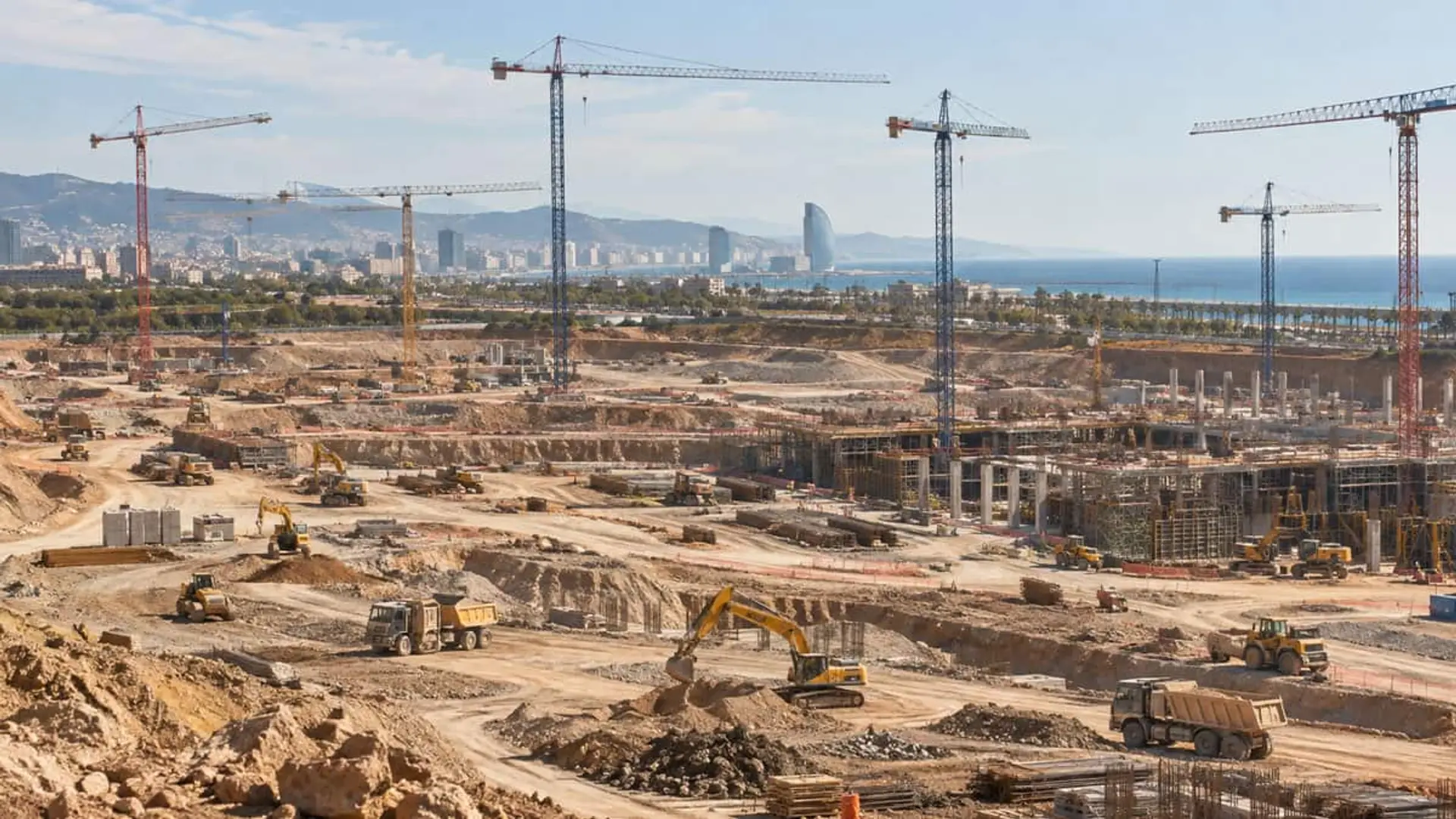 Gran terreno en construcción con varias grúas, excavadoras y camiones trabajando, con una ciudad y el mar al fondo