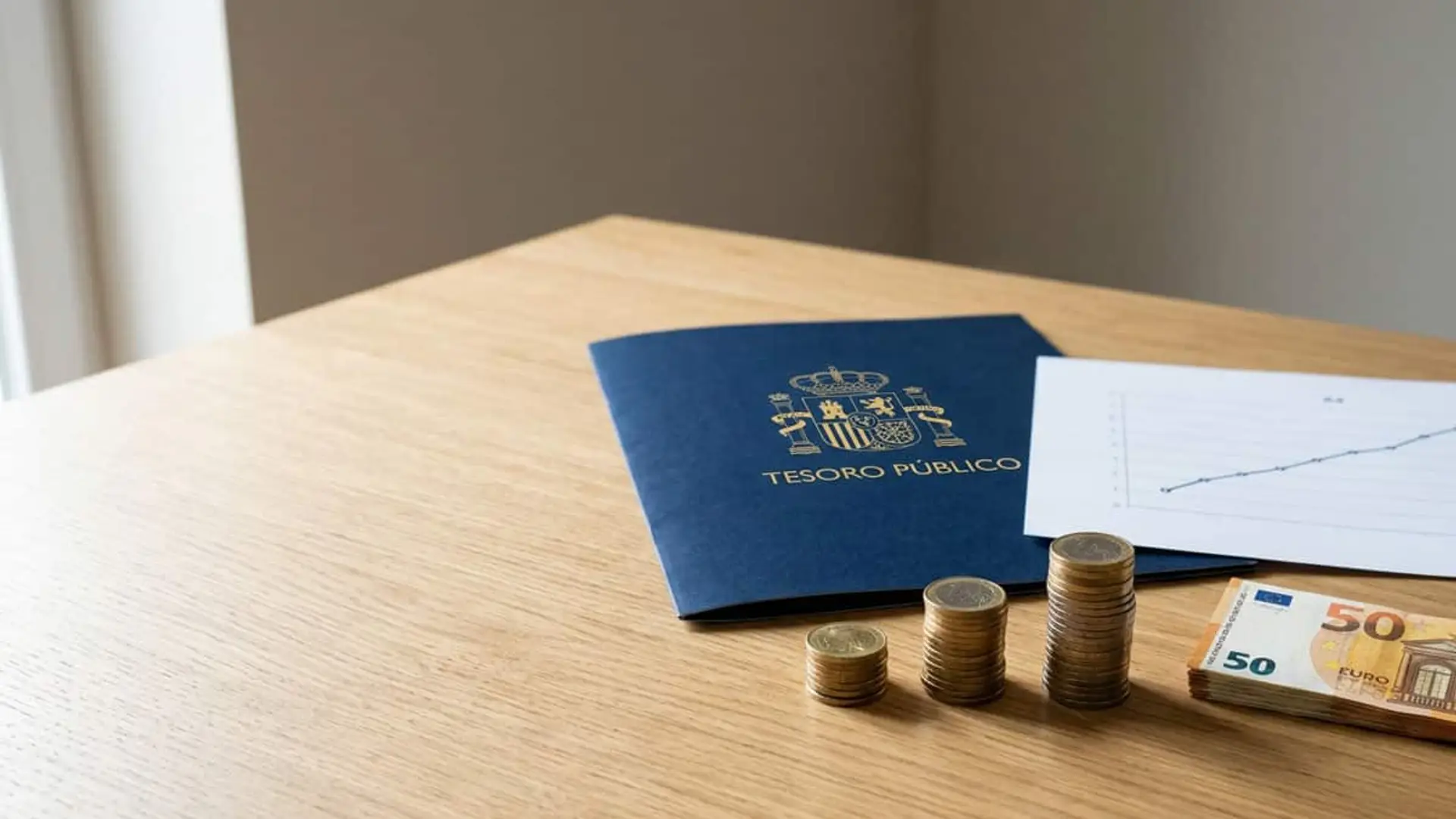 Las Letras del Tesoro a 12 meses empezaron 2026 en torno al 2% y ya superan el 3% Carpeta del Tesoro Público junto a pilas de monedas, billetes de 50 euros y un gráfico ascendente sobre una mesa