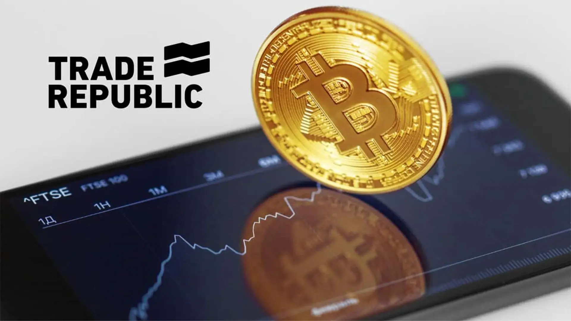 Trade Republic redobla su apuesta por las criptomonedas con wallet propia, más de 50 monedas y ‘staking’ Moneda de bitcoin dorada sobre un gráfico bursátil en un smartphone con el logotipo de Trade Republic, simbolizando inversión en criptomonedas.