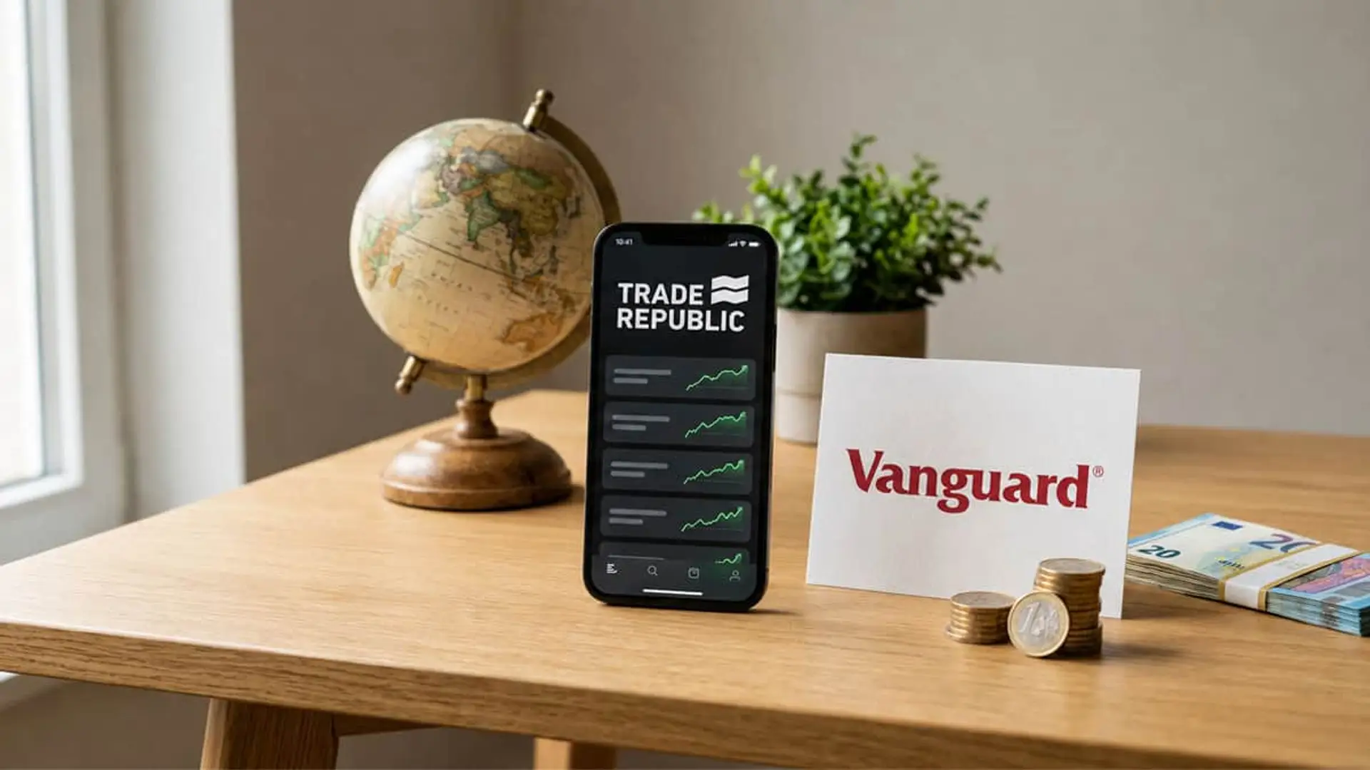 Smartphone con Trade Republic junto al logo de Vanguard, monedas, billetes de euro y un globo terráqueo.