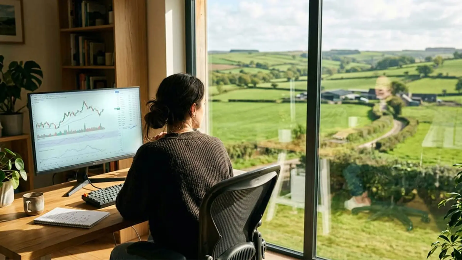Las 4 preguntas que debes hacerte antes de poner dinero en un fondo sostenible (o en cualquier proyecto ecológico) Mujer de espaldas trabajando con gráficos financieros en ordenador, con vistas al campo verde