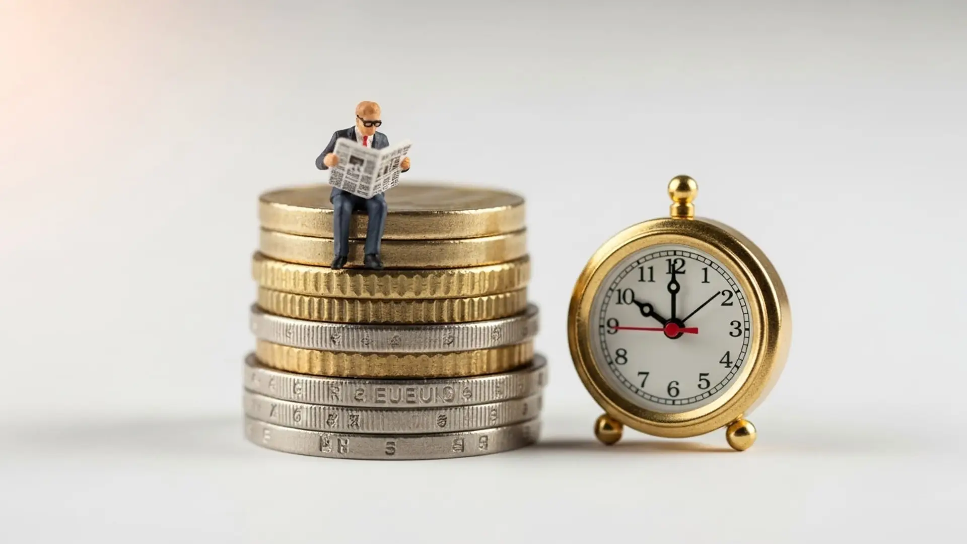 Últimos días para contratar una de las mejores cuentas remuneradas: hasta 2,5% TAE Figura de un hombre sobre monedas de euro junto a un reloj, simbolizando el ahorro y la inversión a largo plazo.