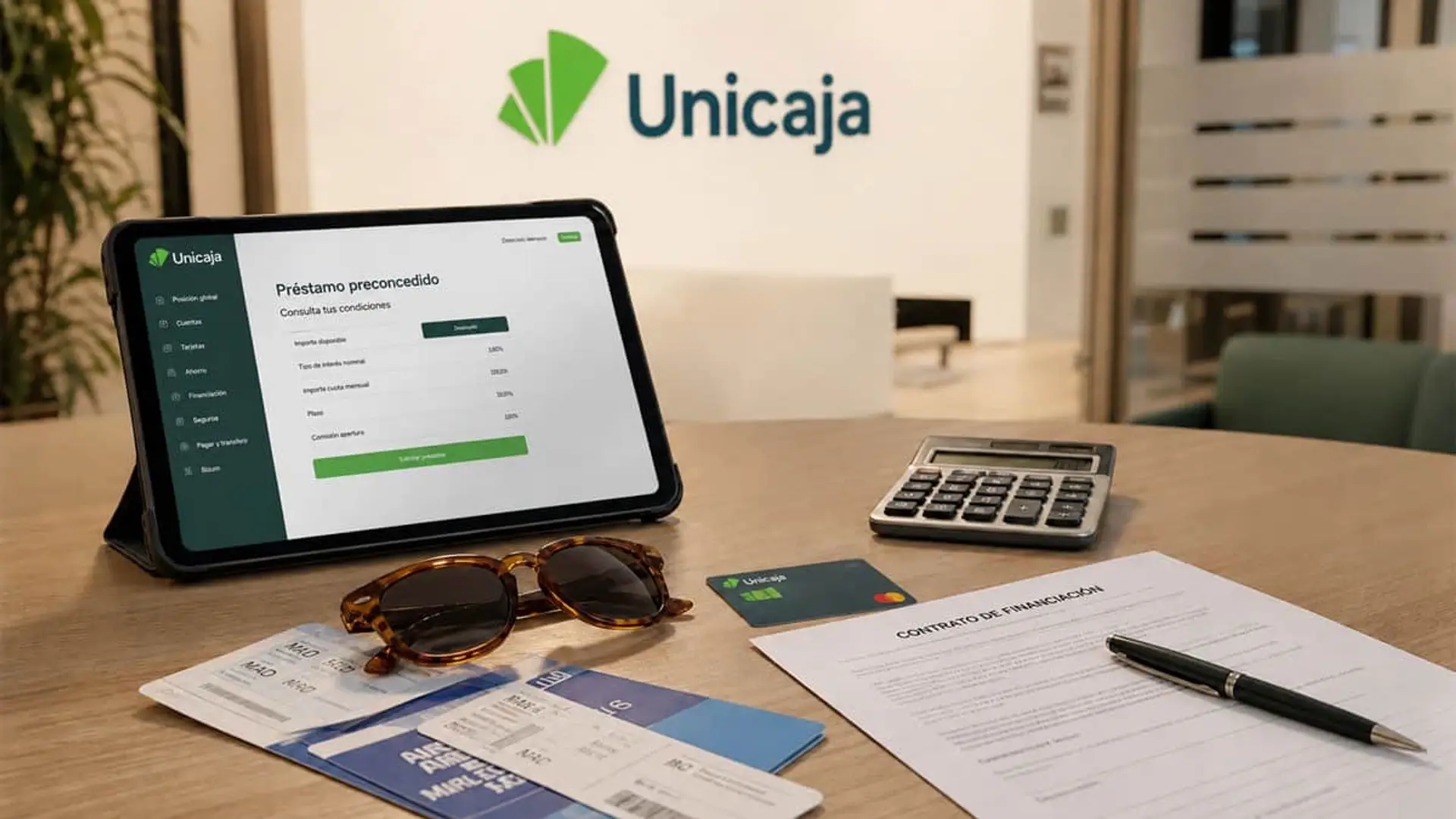 Unicaja mejora sus préstamos preconcedidos de cara al verano: hasta 50.000 euros y sin comisión de cancelación Tablet con préstamo preconcedido de Unicaja junto a tarjeta, calculadora y contrato de financiación