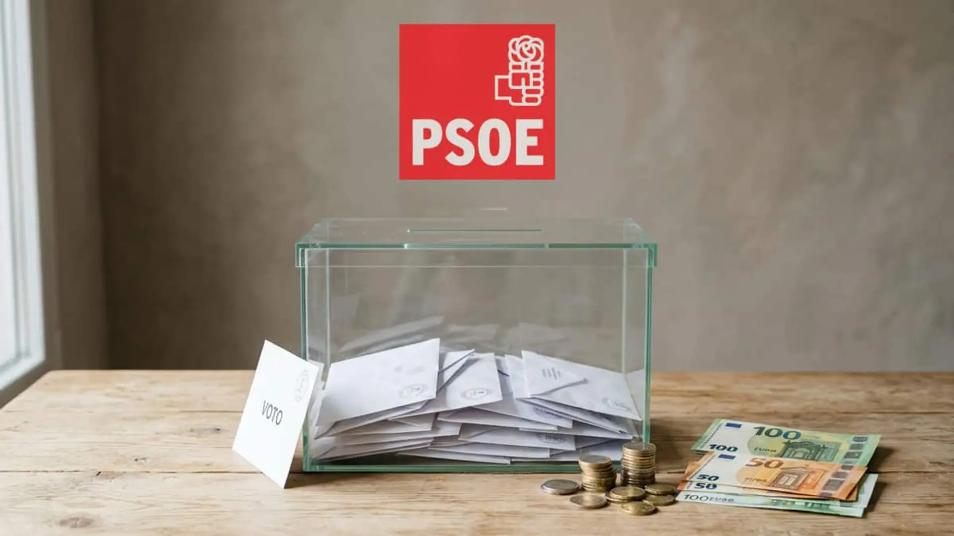 El PSOE ofrece el interés más alto de sus microcréditos: un 3,75% para financiar el 29N Urna con sobres de votos bajo el logo del PSOE, junto a billetes de euro y monedas sobre una mesa.