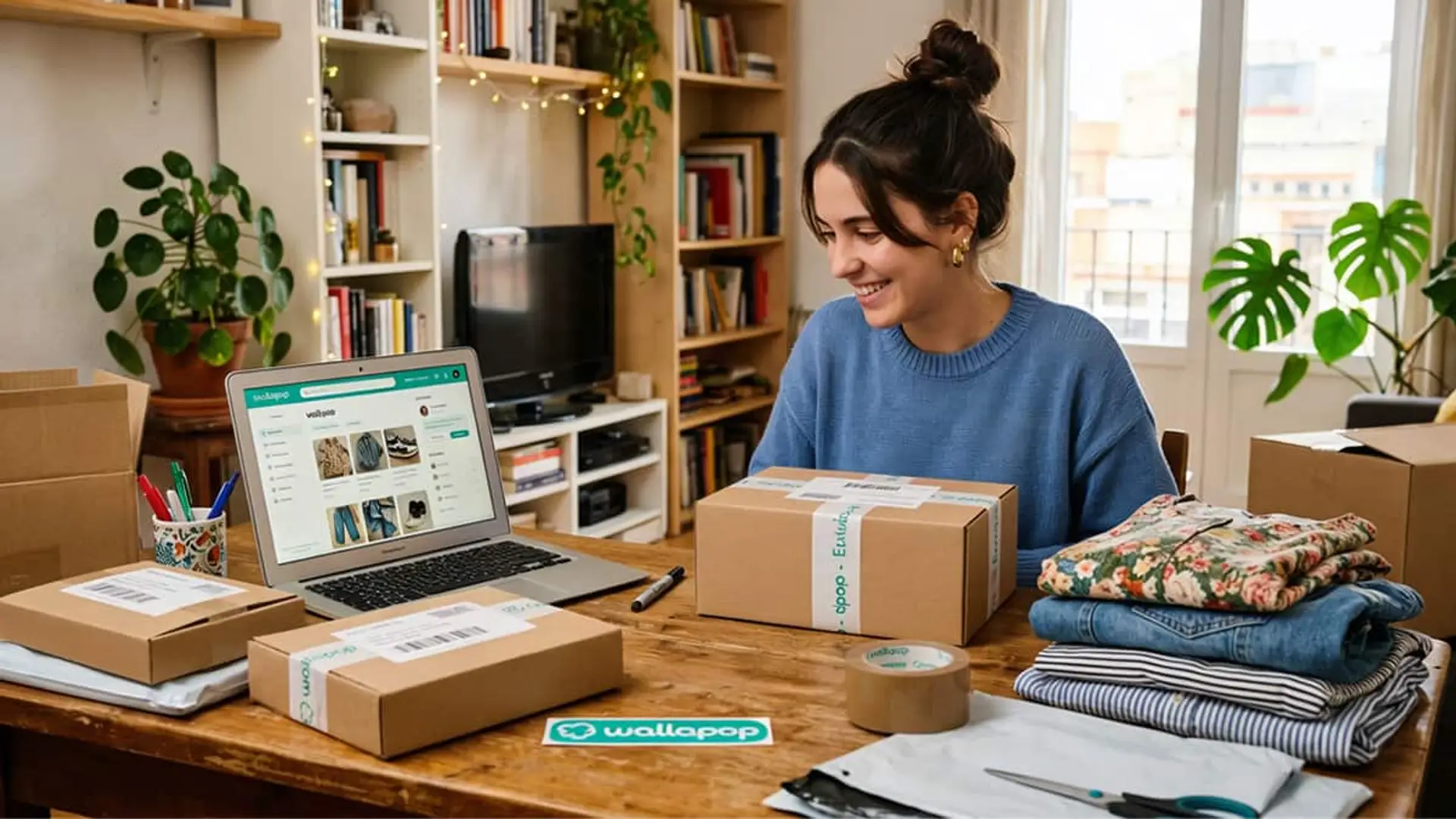 Hacienda ya tiene tus datos de Wallapop y Vinted para la Renta 2025: por qué casi nadie tendrá que pagar nada Mujer preparando paquetes para vender ropa online desde casa usando un portátil con Wallapop.