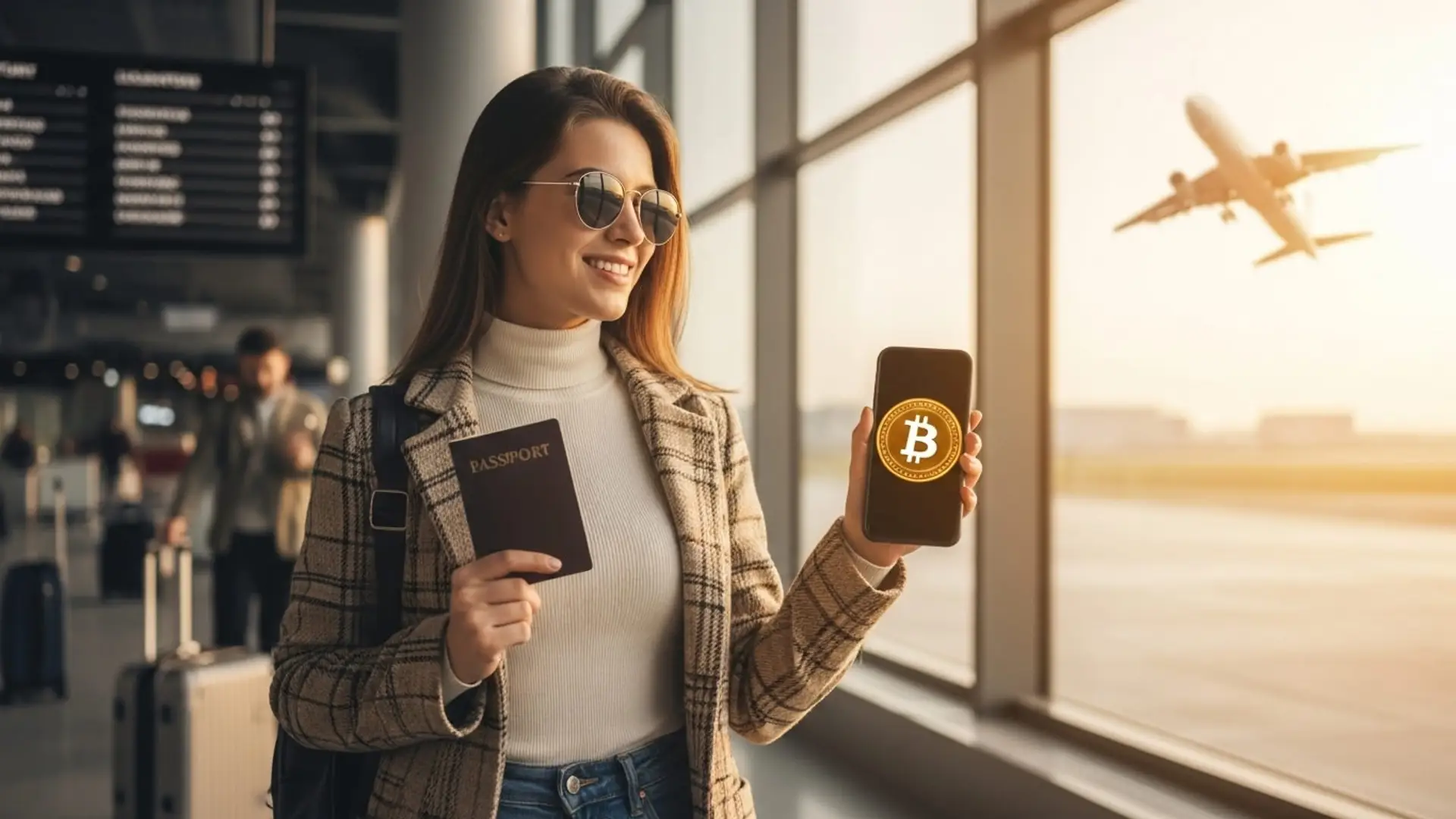 Viajera en aeropuerto muestra en su móvil el logo de Bitcoin como forma de pago para vacaciones.