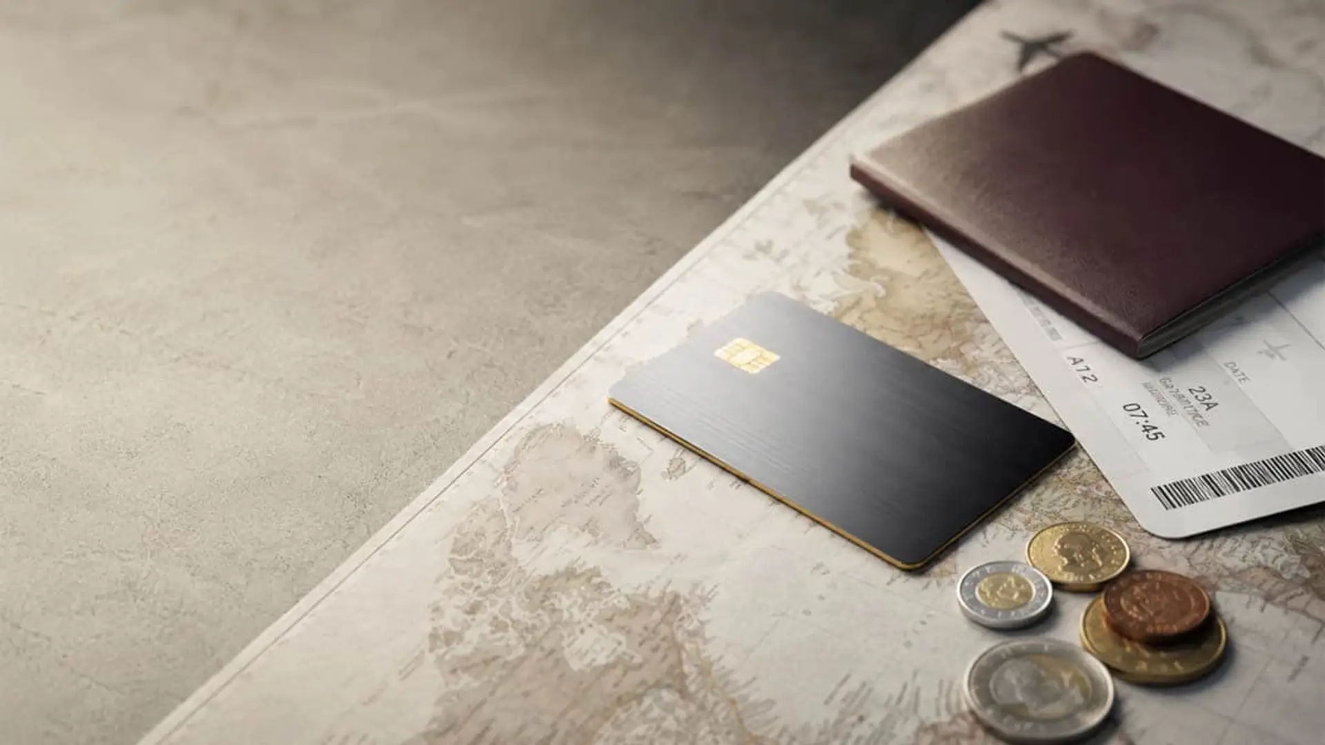 Revolut, N26 o BBVA: la tarjeta que elijas puede encarecer más de 100€ tus vacaciones fuera de la zona euro Tarjeta, pasaporte, billete y monedas sobre mapa para planificar viajes y pagos internacionales