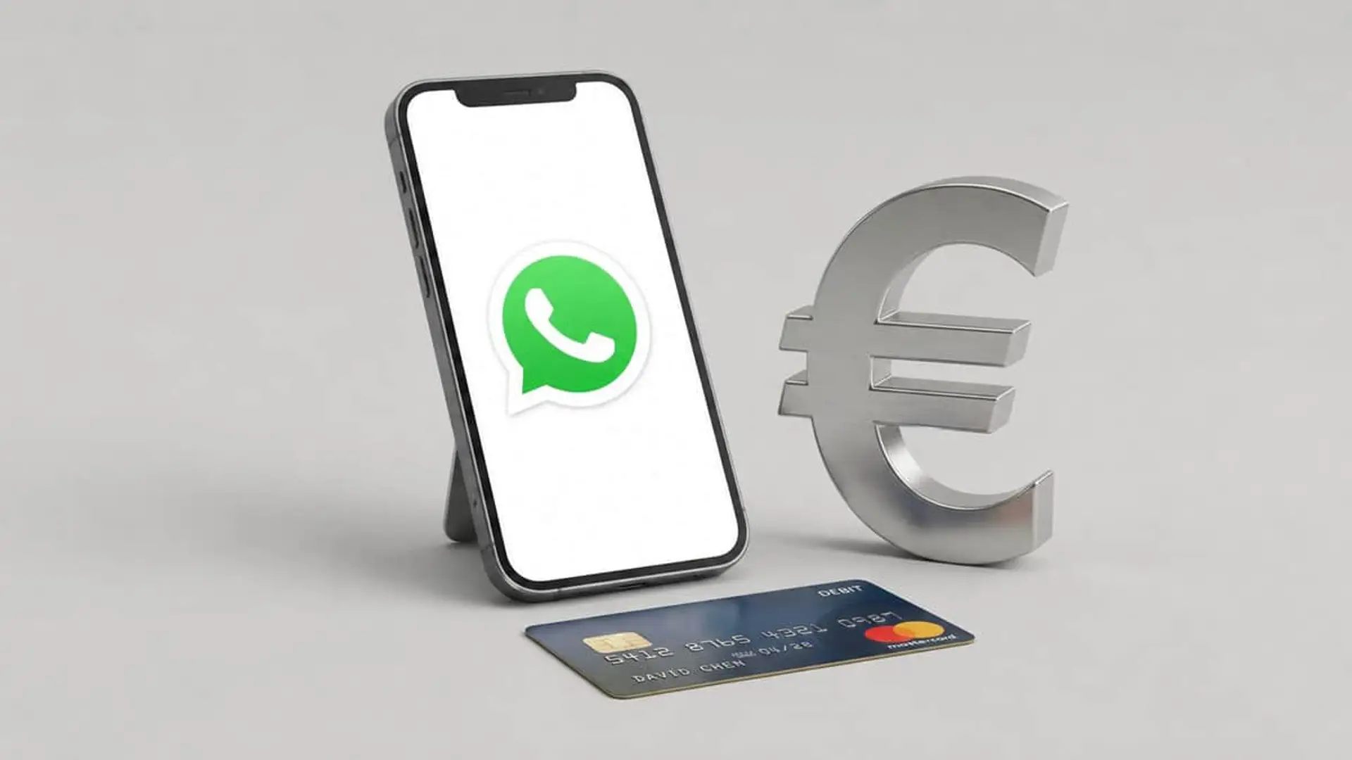 Smartphone con logo de WhatsApp, símbolo del euro y tarjeta bancaria sobre fondo claro.