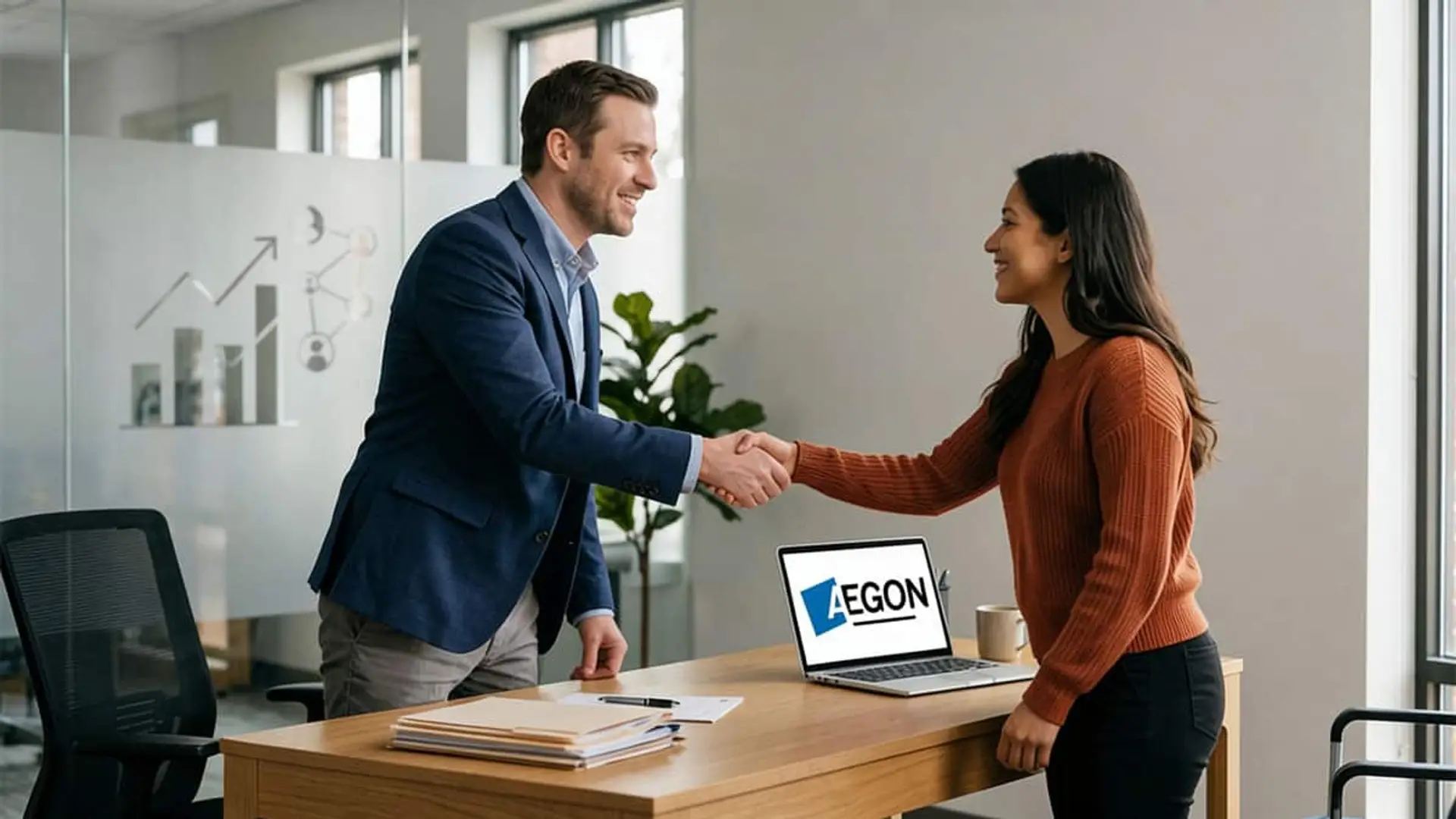 Dos personas estrechándose la mano en una oficina junto a un ordenador portátil con el logotipo de Aegon