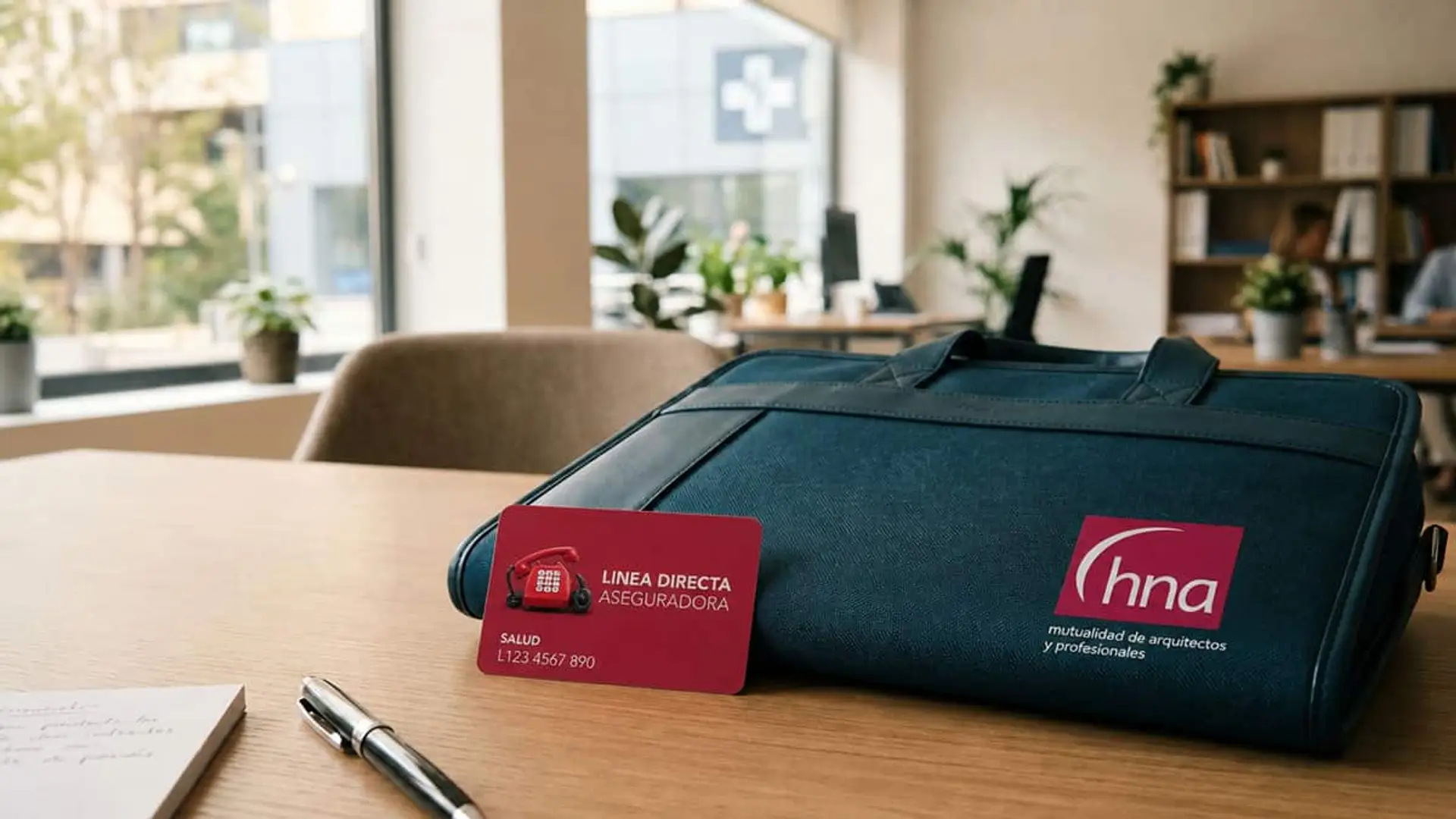 Tarjeta de Línea Directa Aseguradora junto a un maletín con el logotipo de hna en una oficina