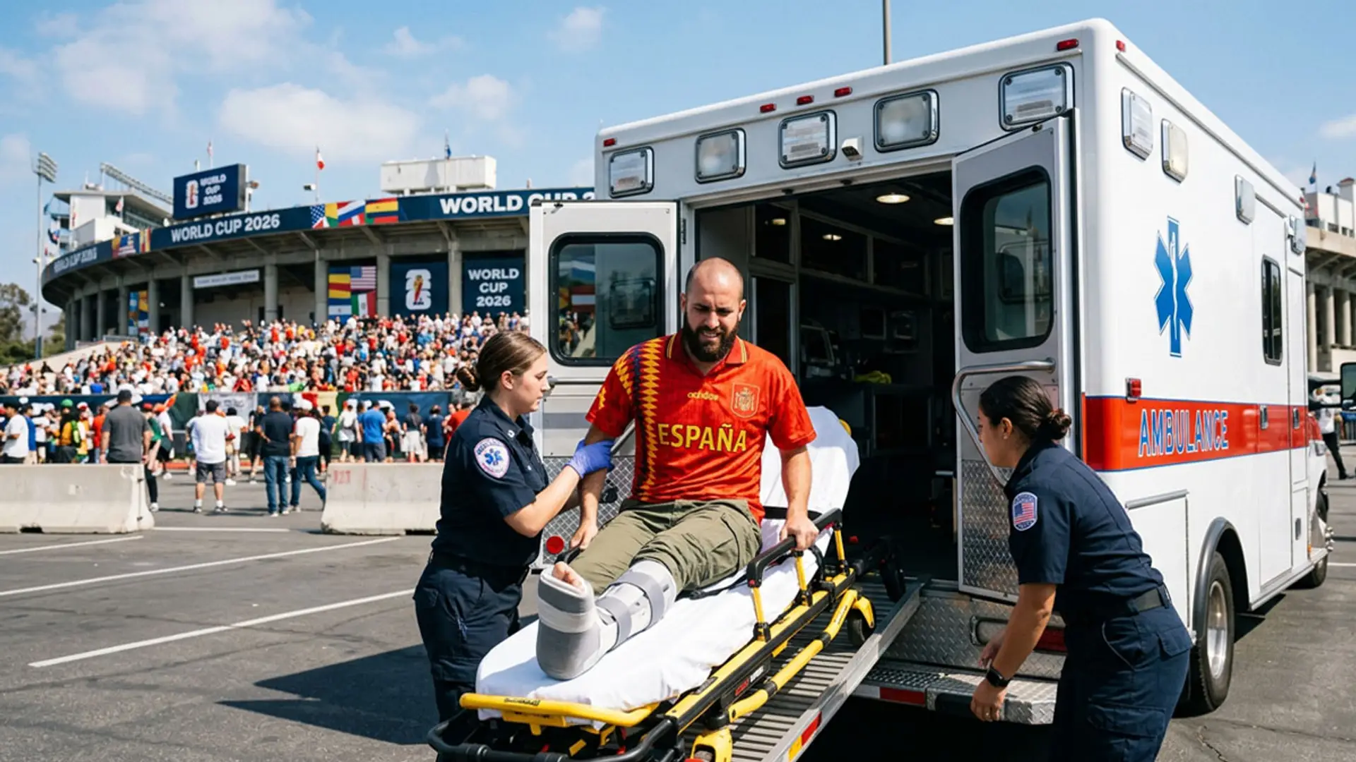 Ir al Mundial 2026 sin seguro de viaje puede salir muy caro: una urgencia en EE. UU. puede superar los 200.000€ Aficionado con la camiseta de España siendo atendido junto a una ambulancia a las puertas de un estadio