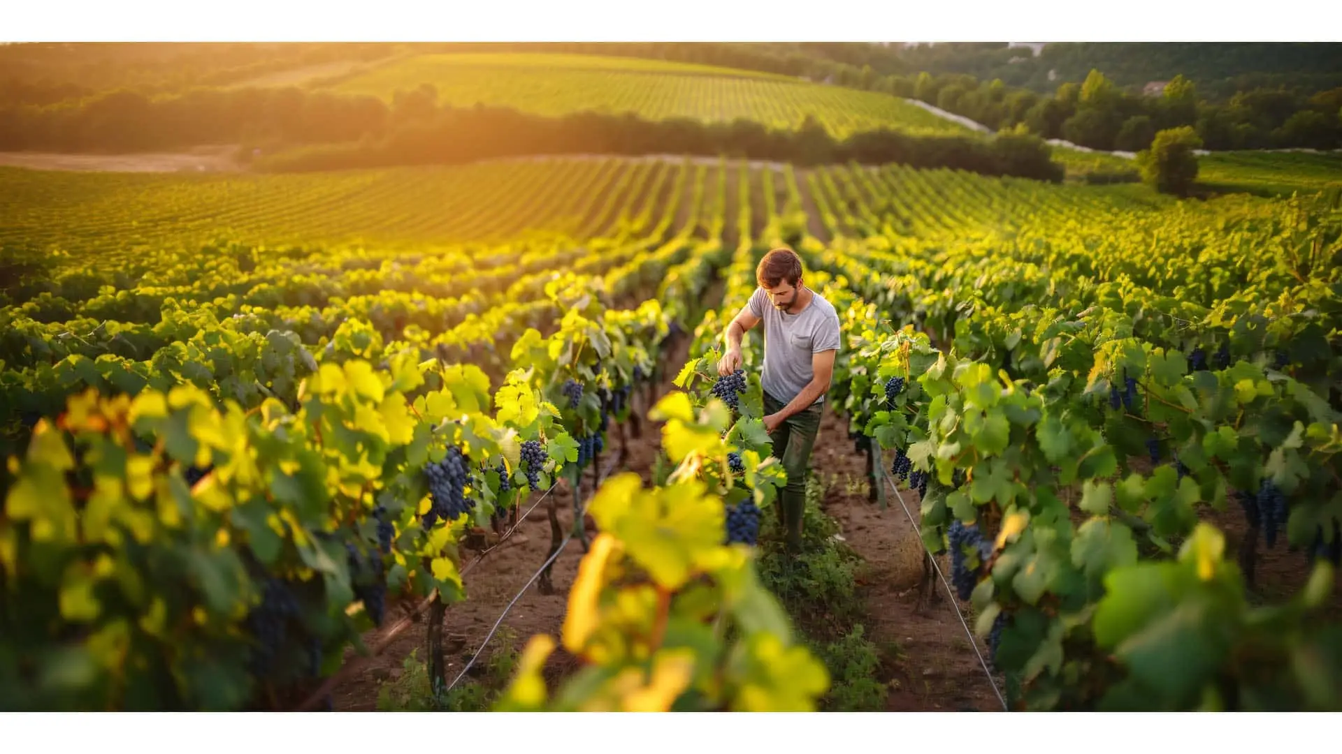 Viticultor trabajando en la vendimia al atardecer. Cuidado de la uva en un viñedo para la producción de vino local y sostenible.