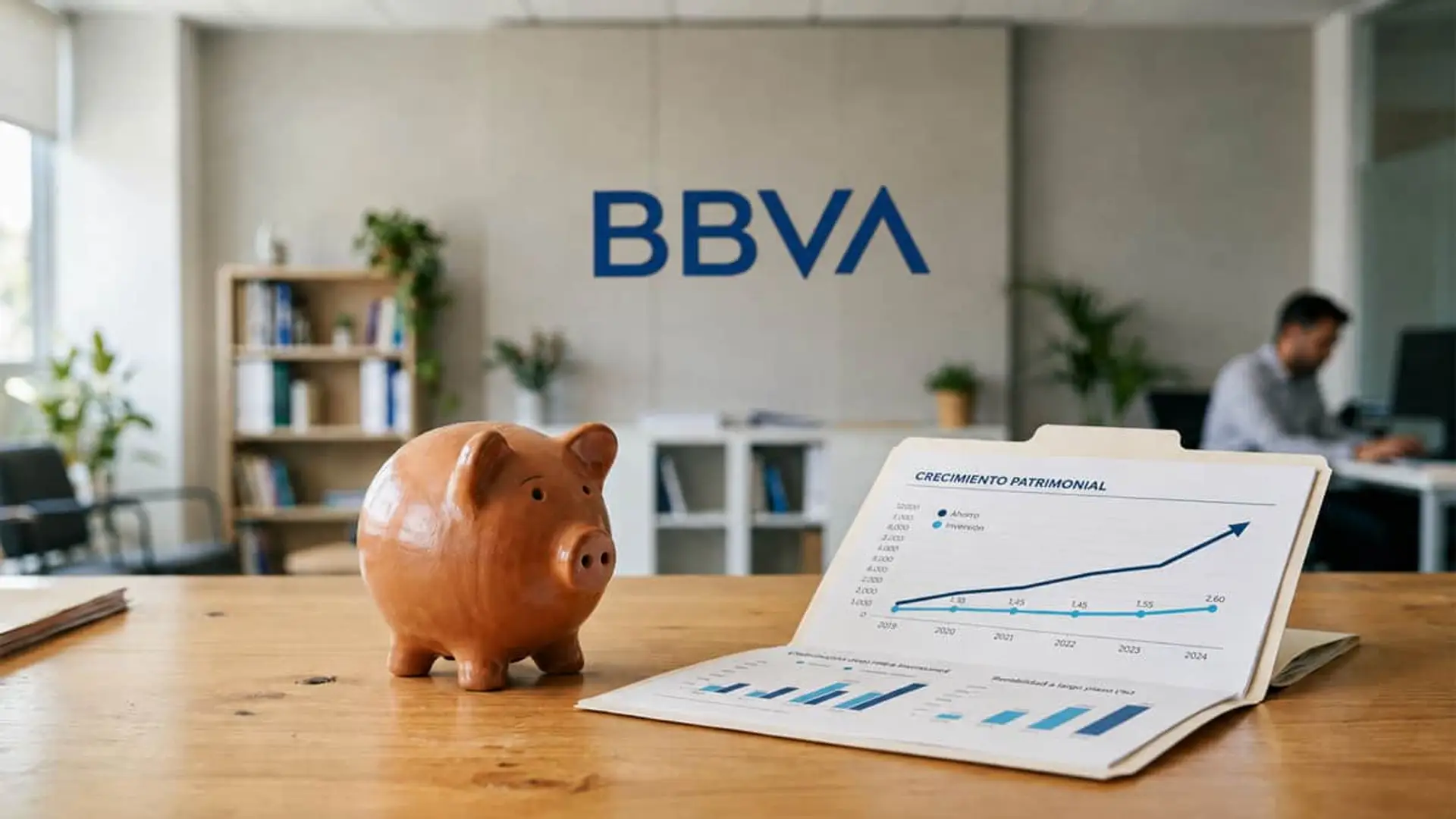 Por qué el beneficio de BBVA Seguros apenas sube pese a crecer con fuerza en ahorro Hucha y gráfico de crecimiento patrimonial en una oficina de BBVA.