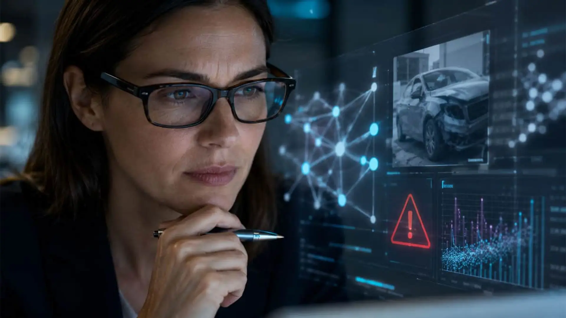 El 77% de los asegurados prefiere hablar con una persona cuando el siniestro se complica Analista de ciberseguridad revisa datos de fraude y accidente de coche en una pantalla digital.