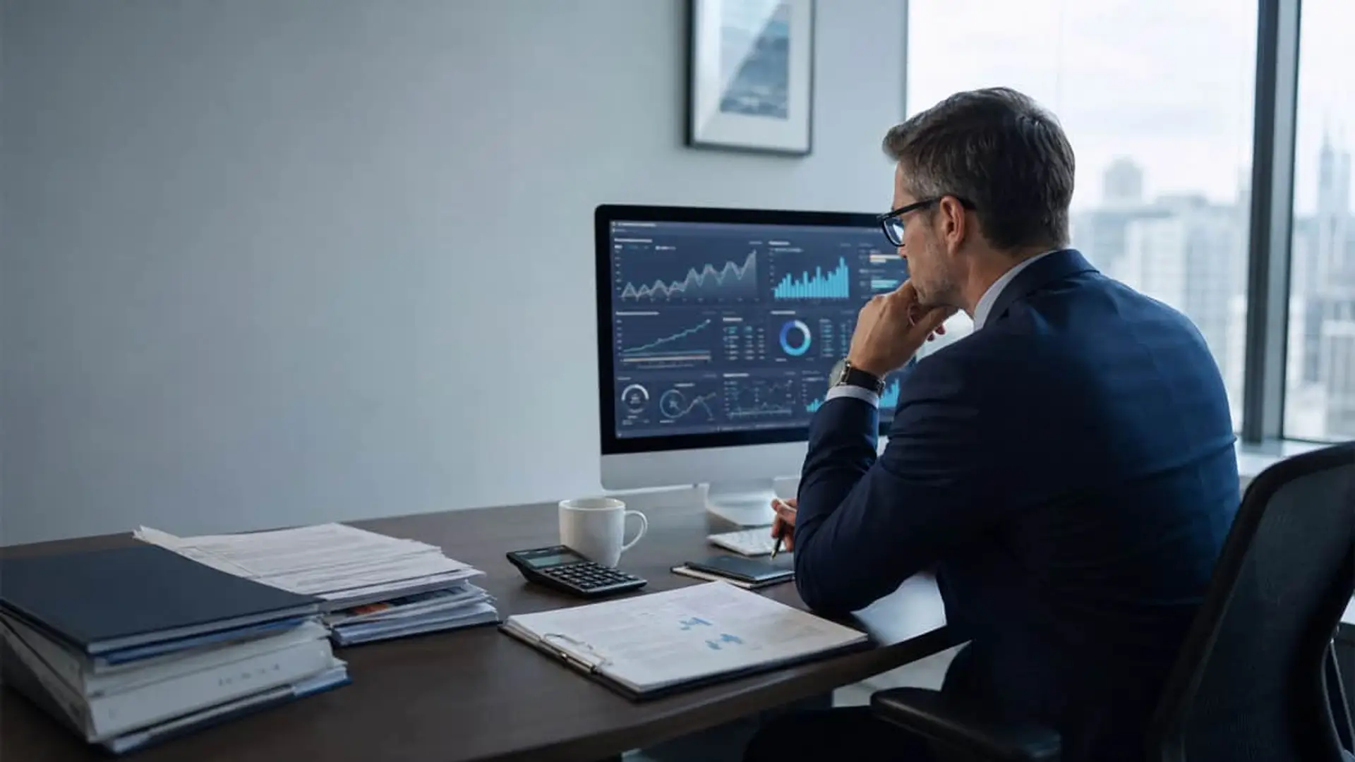 Analista financiero revisa dashboards de datos y documentos en oficina moderna