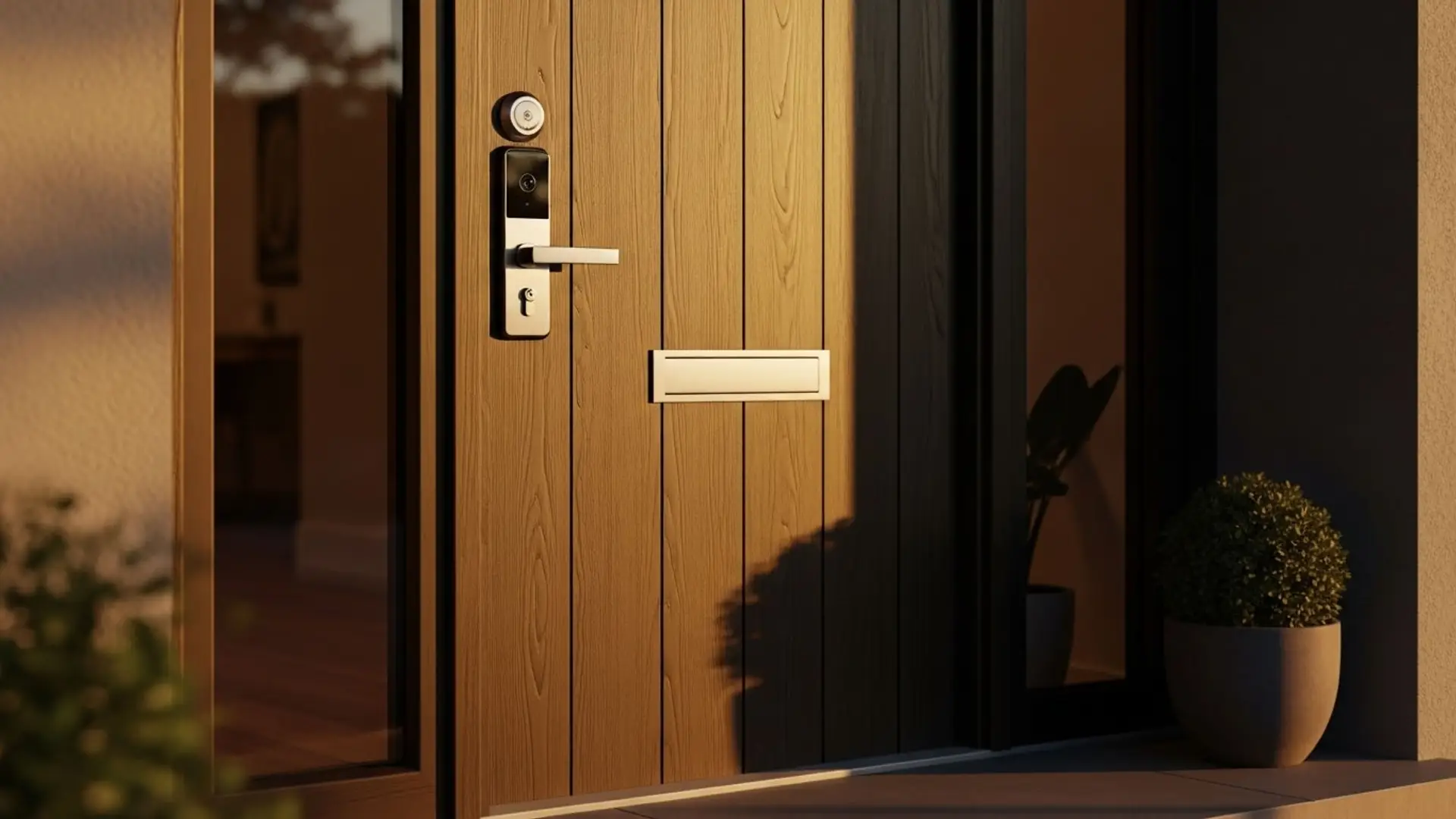 Antes de irte de vacaciones, revisa esto de tu seguro de hogar Puerta de entrada de madera con una cerradura inteligente, iluminada por la cálida luz del atardecer en una casa moderna.