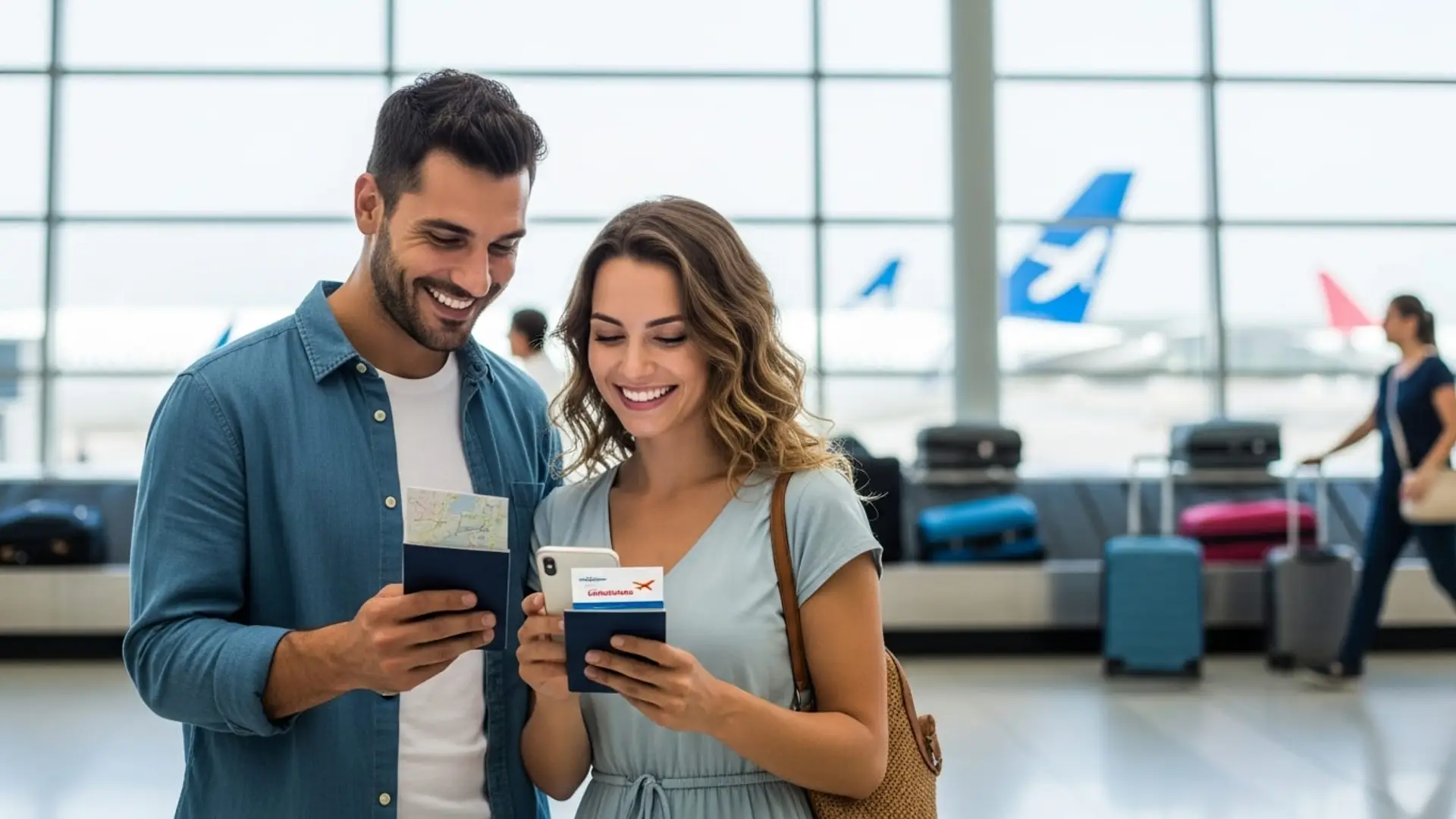 Pareja sonriente con pasaportes en el aeropuerto, listos para viajar sin preocupaciones gracias a su seguro de viaje.