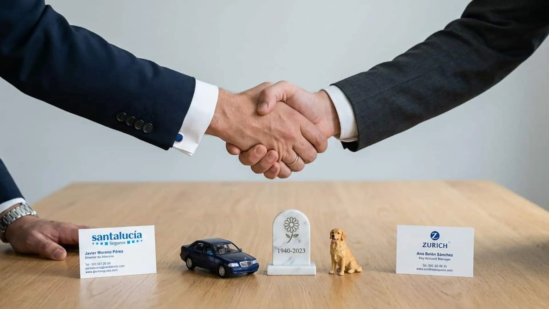 Dos personas con traje se estrechan la mano sobre una mesa con tarjetas de Santalucía y Zurich, un coche en miniatura, una lápida y una figura de perro.