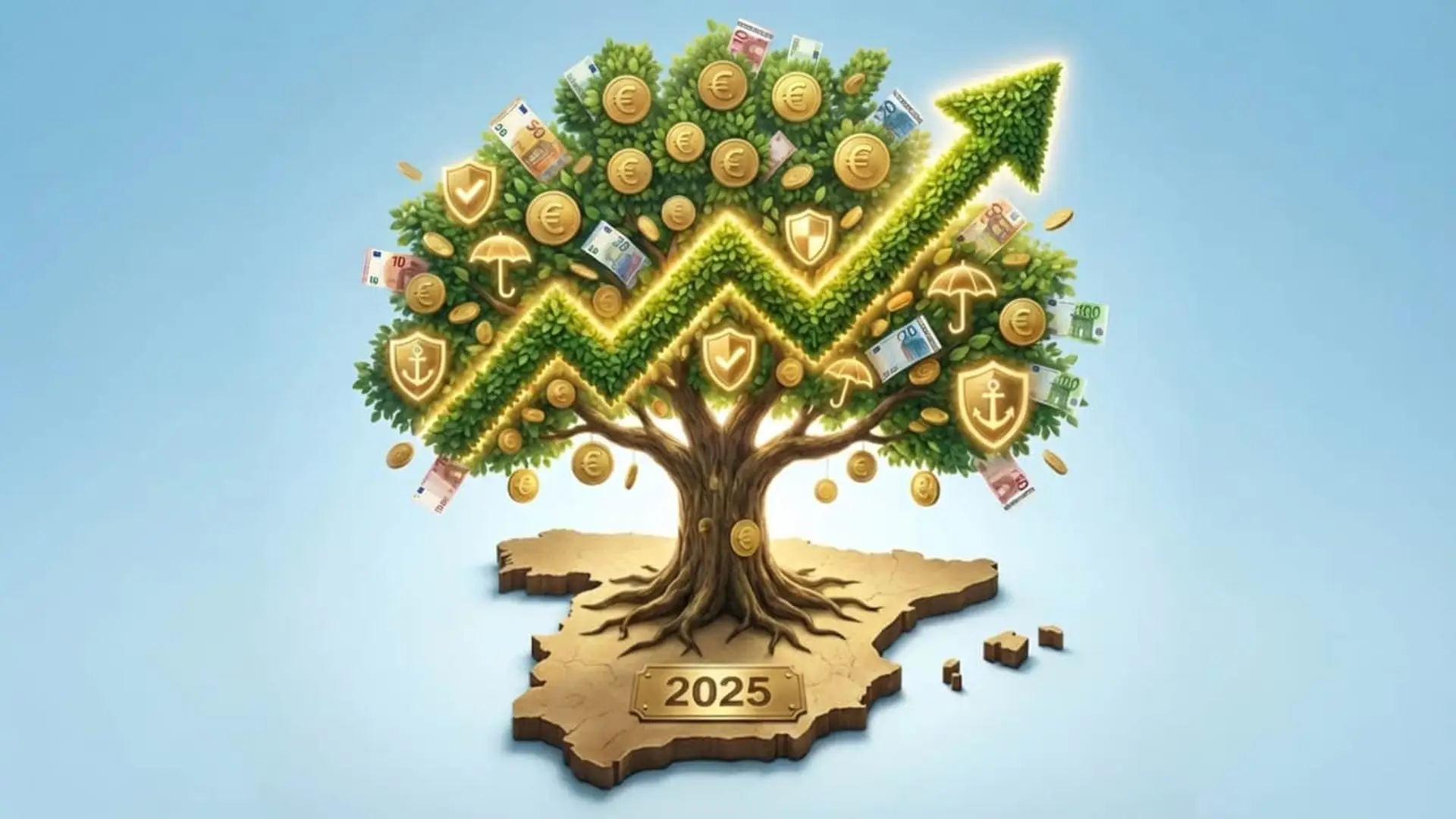 El seguro español cierra un 2025 para enmarcar con un crecimiento histórico del 14% en primas, hasta los casi 83.000 millones Árbol con euros creciendo sobre el mapa de España simbolizando el aumento del sector seguros en 2025.