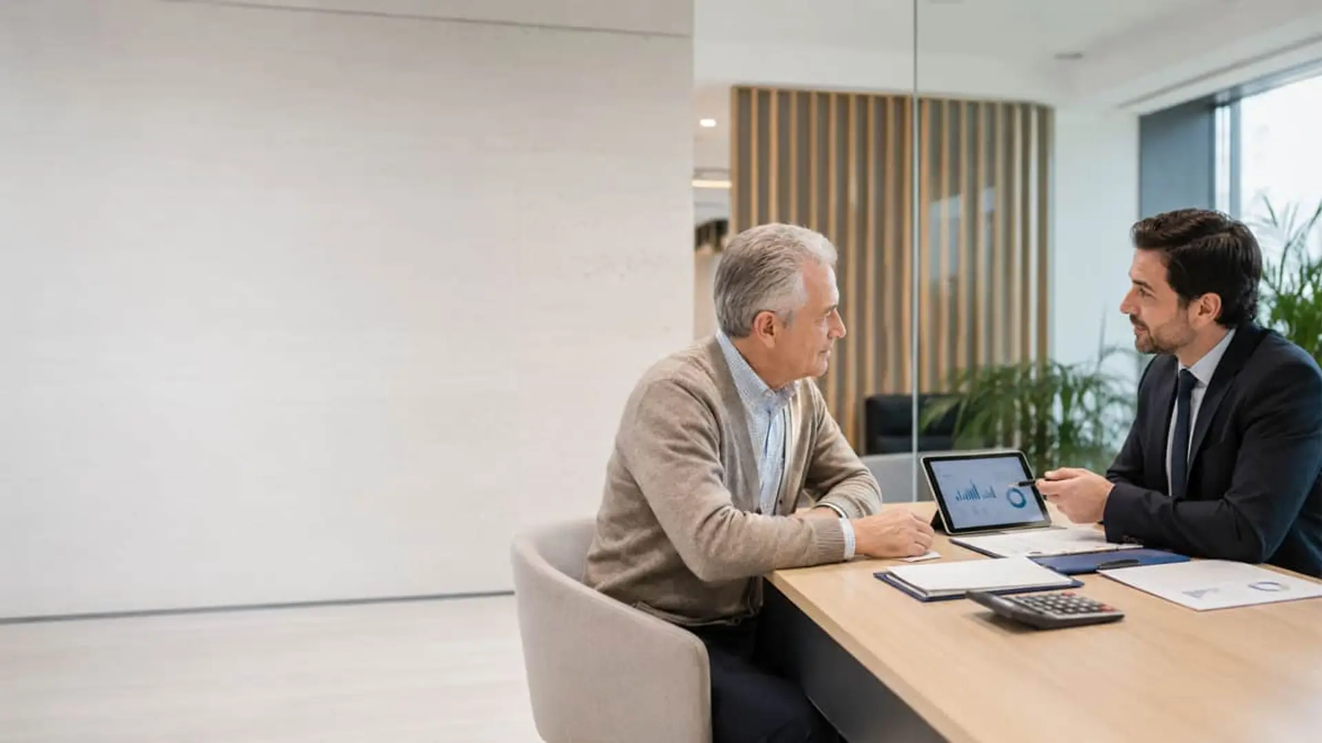 Asesor financiero mostrando gráficos en tablet a cliente mayor en oficina moderna