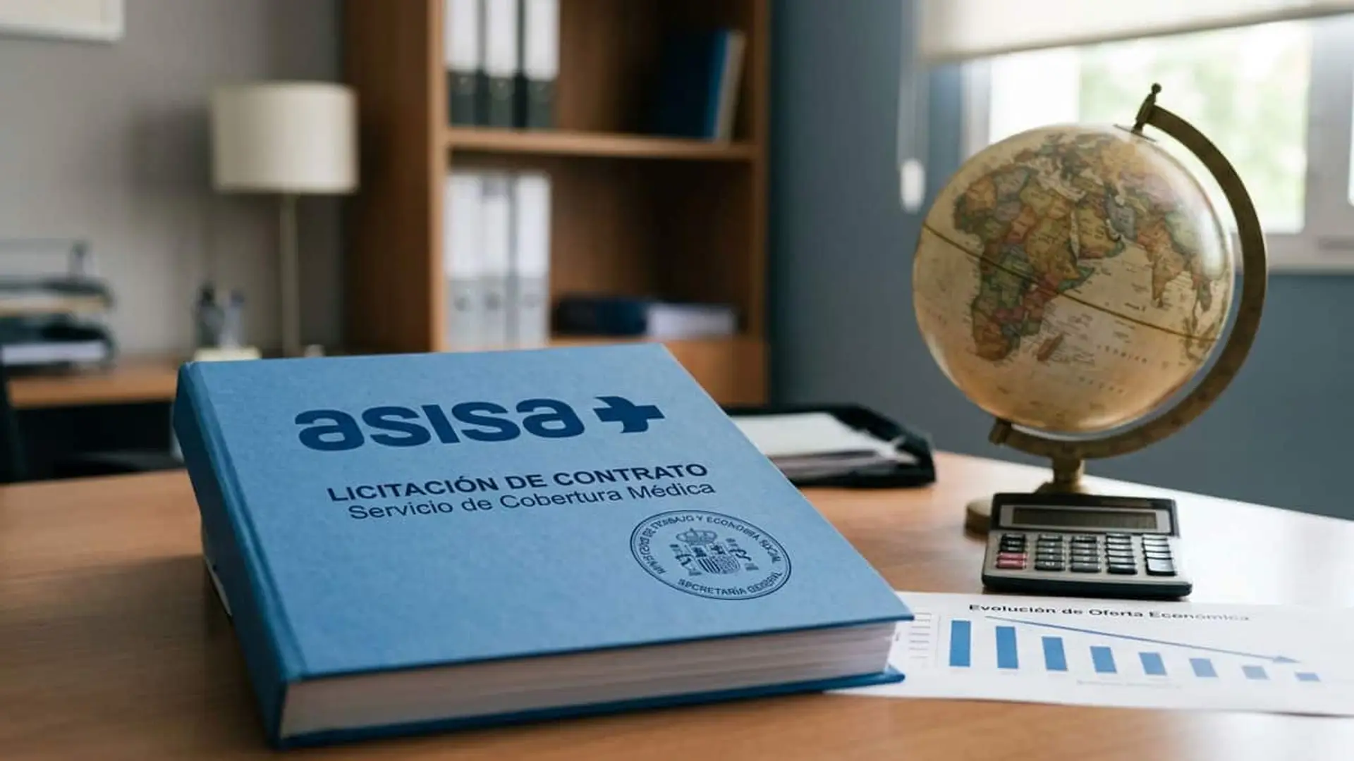 Documento de ASISA sobre un contrato de cobertura médica junto a un globo terráqueo y una calculadora