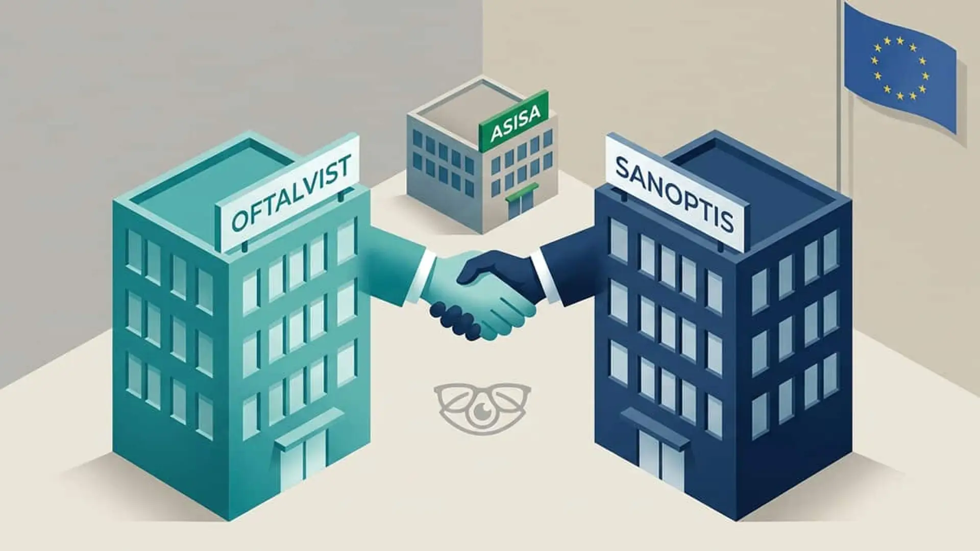 Ilustración de edificios de Oftalvist, ASISA y Sanoptis unidos mediante un apretón de manos junto a una bandera de la Unión Europea