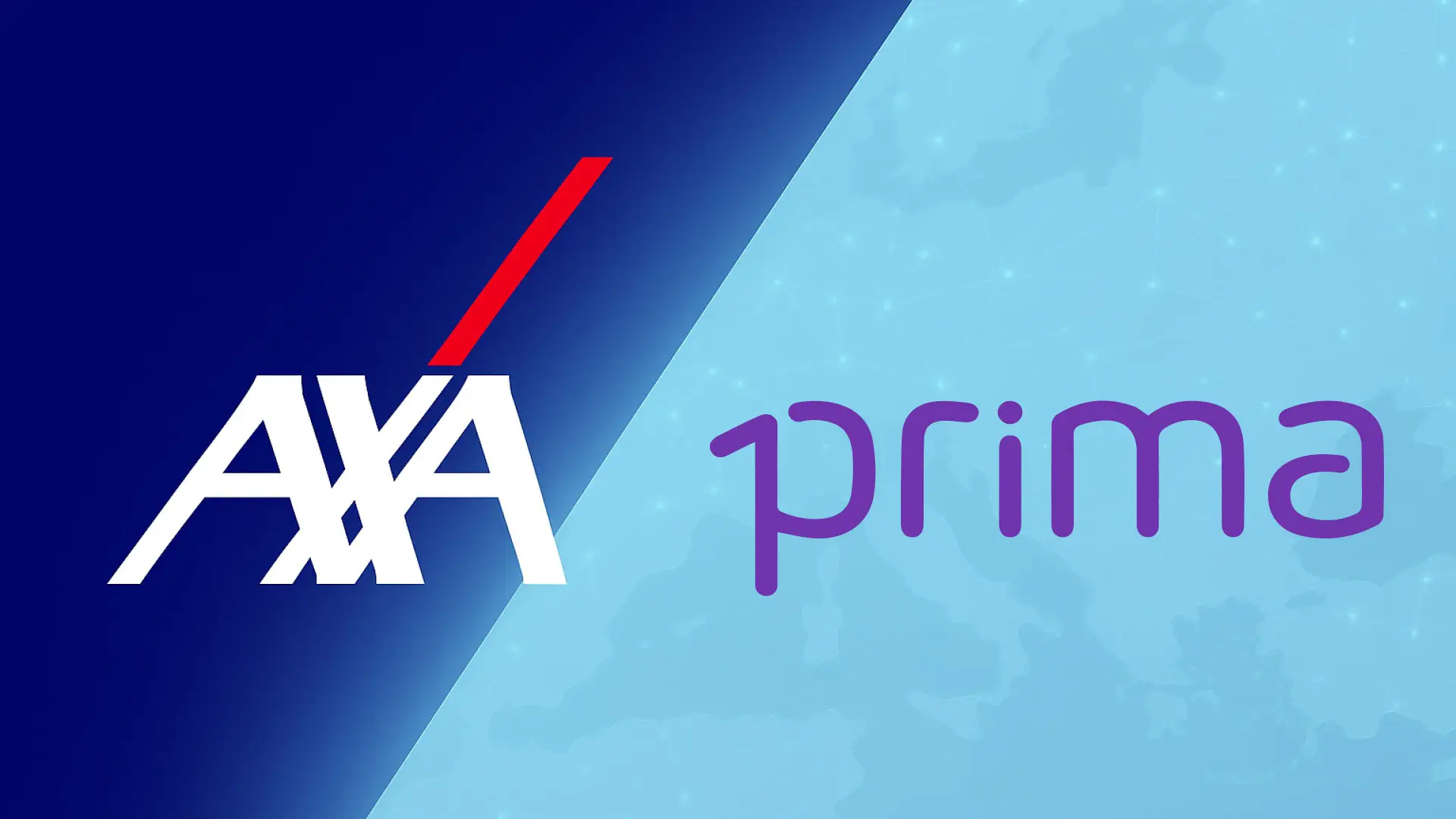 Imagen corporativa de la alianza entre la aseguradora AXA y Prima Seguros, con sus logos sobre un mapa de Europa.