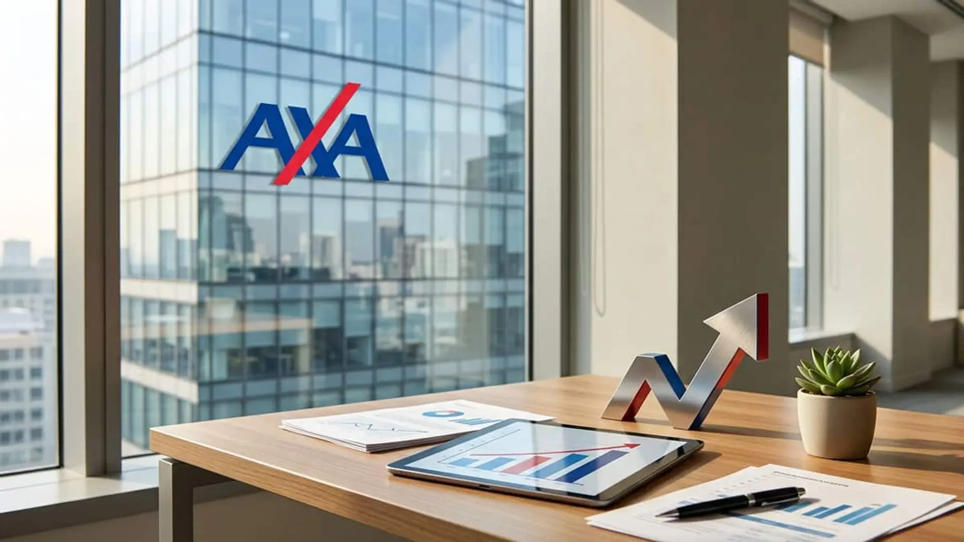 Logo de AXA en un edificio de oficinas junto a gráficos de crecimiento sobre una mesa