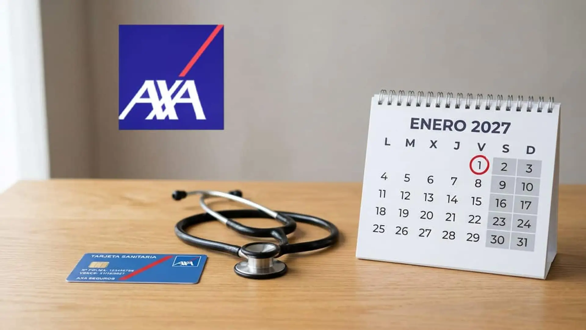 Logotipo de AXA junto a una tarjeta sanitaria, un estetoscopio y un calendario de enero de 2027 con el día 1 rodeado.