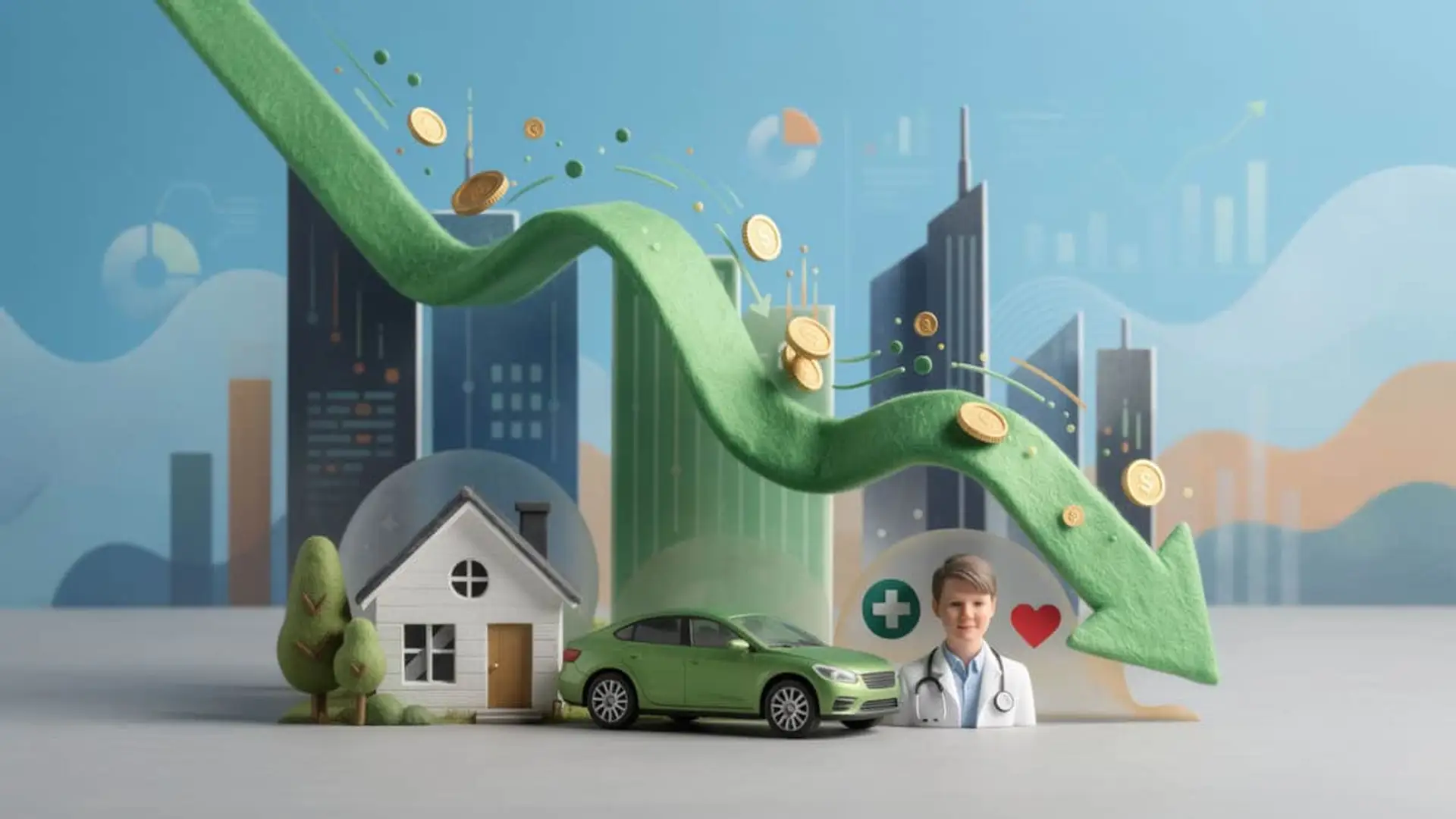 Ilustración de la moderación y caída de los precios de seguros de hogar auto y salud representada por una flecha verde descendente.