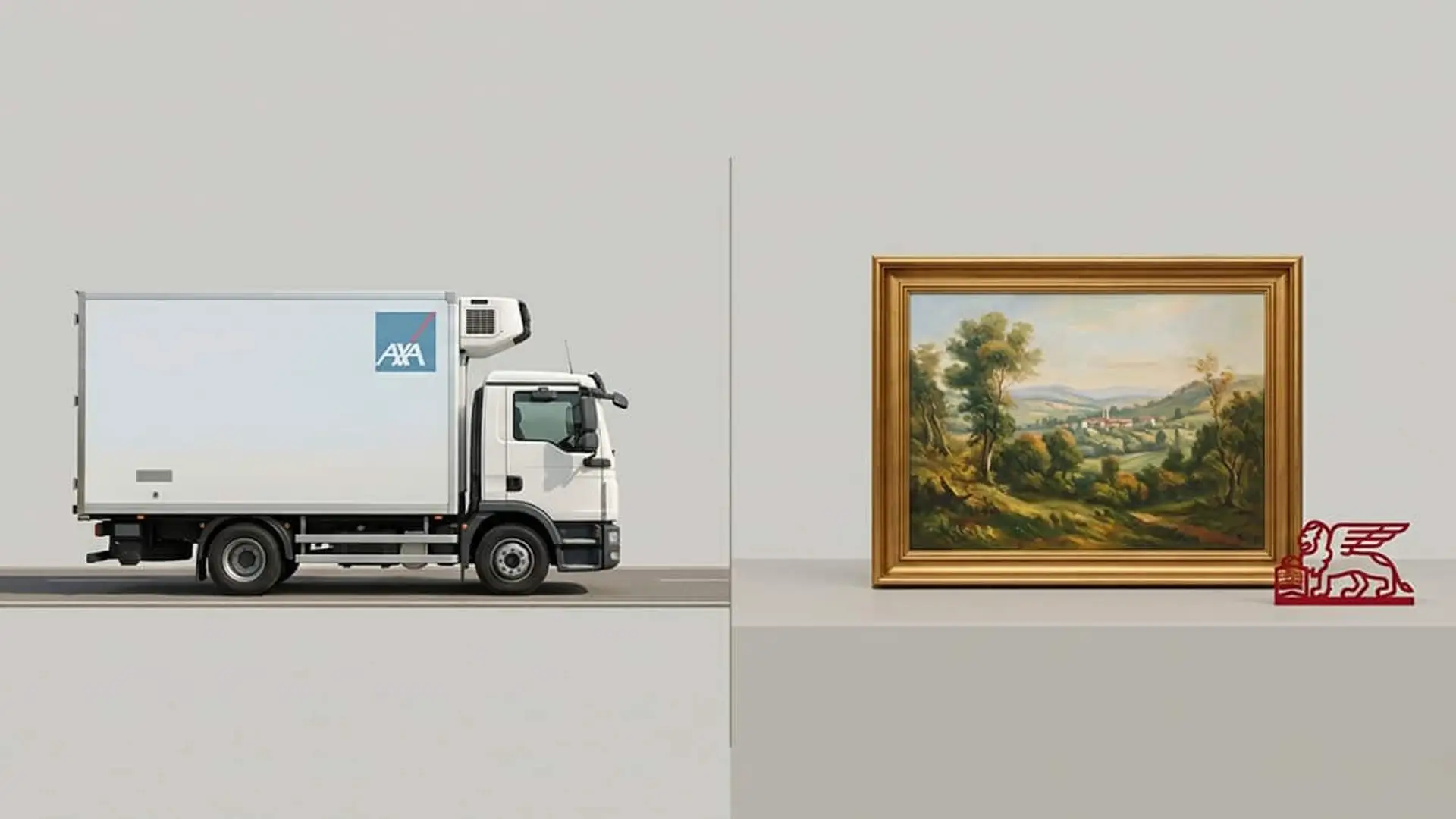 Camión de AXA frente a un cuadro enmarcado junto al logotipo de Generali sobre fondo claro
