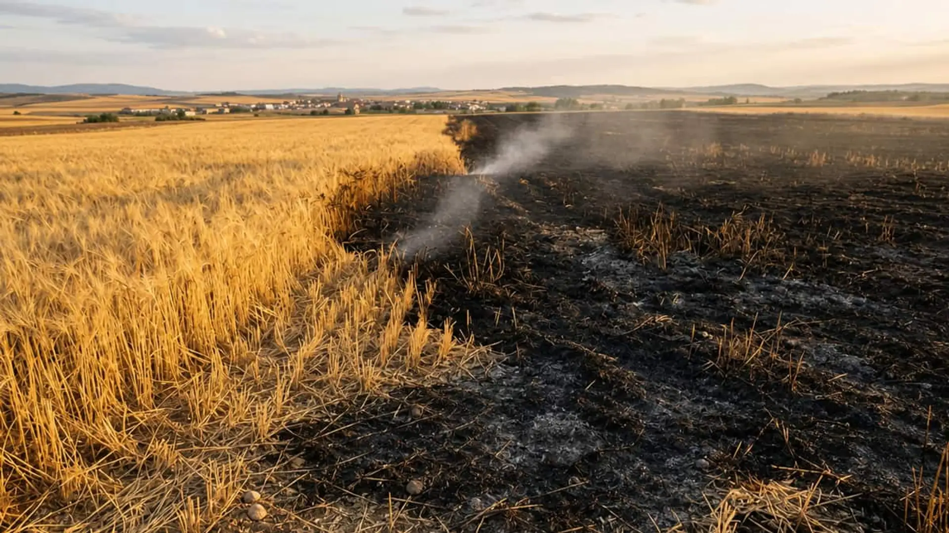 Campo de trigo parcialmente quemado con terreno calcinado y humo tras un incendio