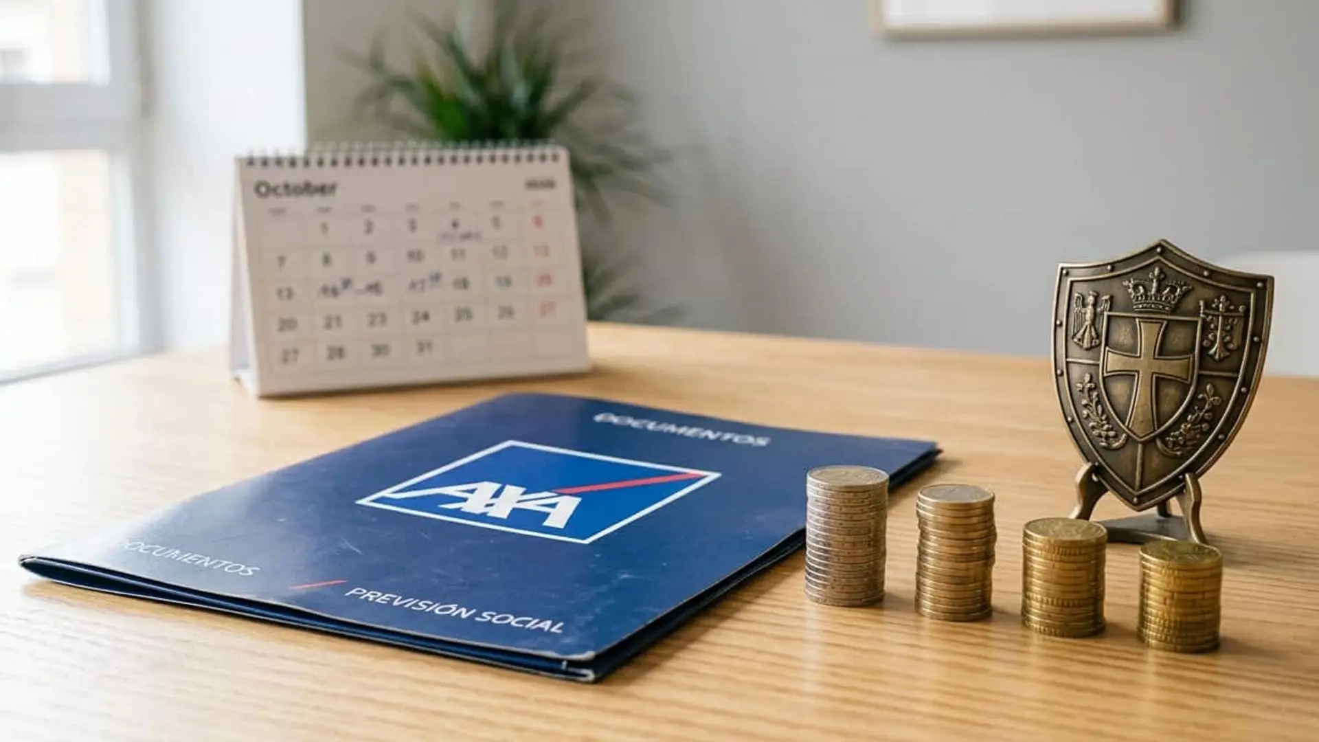 Horizonte Top Capital V de AXA: 13,80% a cuatro años y protección del capital solo a vencimiento Carpeta azul de AXA Previsión Social sobre una mesa, junto a cuatro pilas de monedas, un escudo metálico y un calendario.