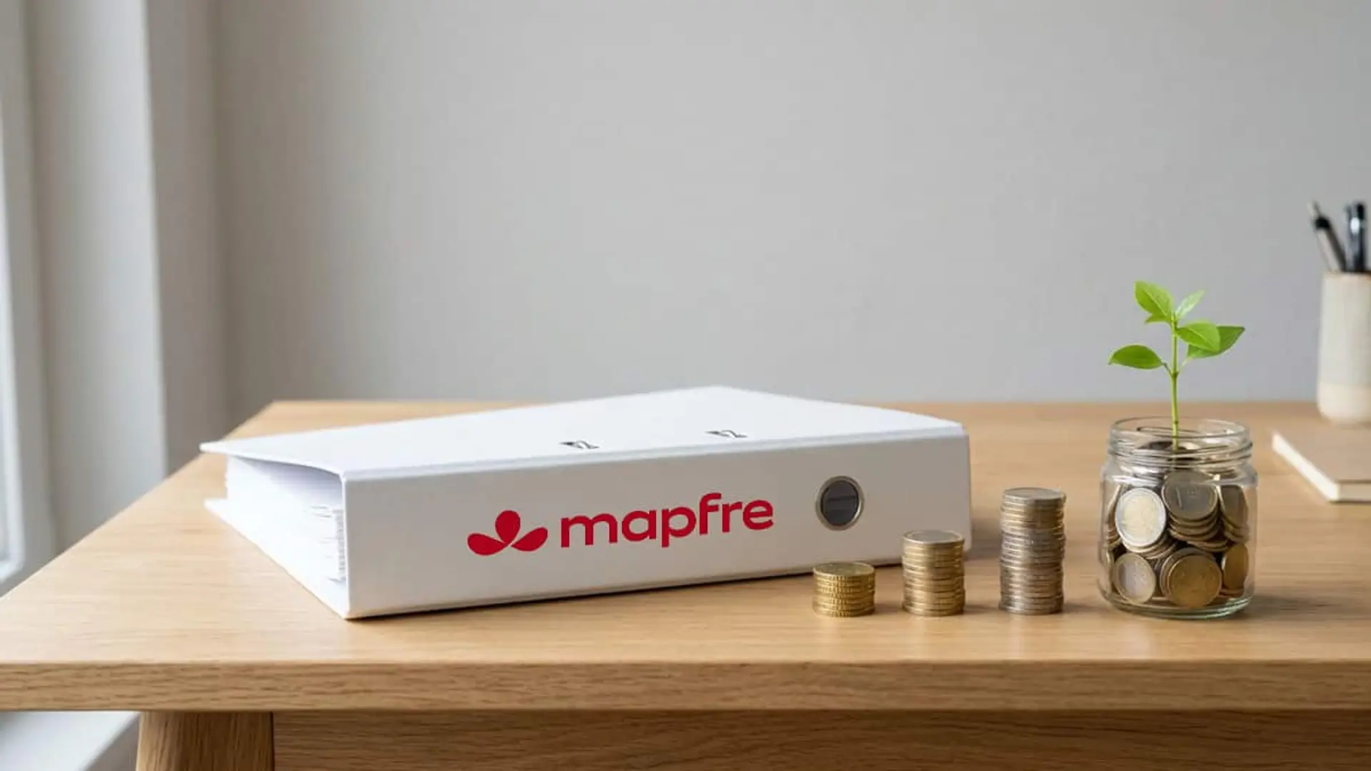 Carpeta con el logotipo de Mapfre junto a varias pilas de monedas y un tarro con monedas y una planta