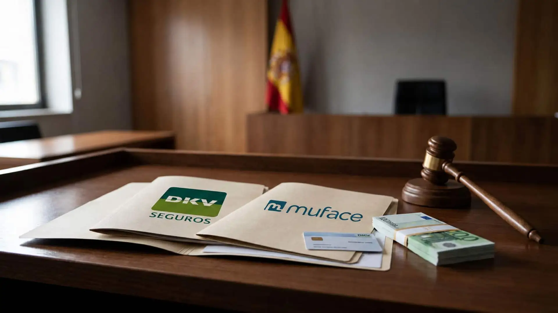 Carpetas con los logotipos de DKV Seguros y Muface junto a un mazo, una tarjeta y varios fajos de billetes en una sala judicial