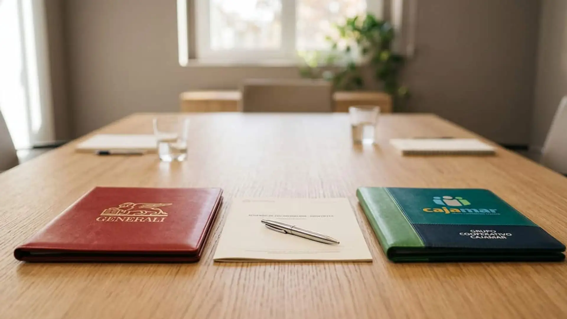 Carpetas de Generali y Cajamar sobre una mesa junto a un documento de acuerdo de colaboración