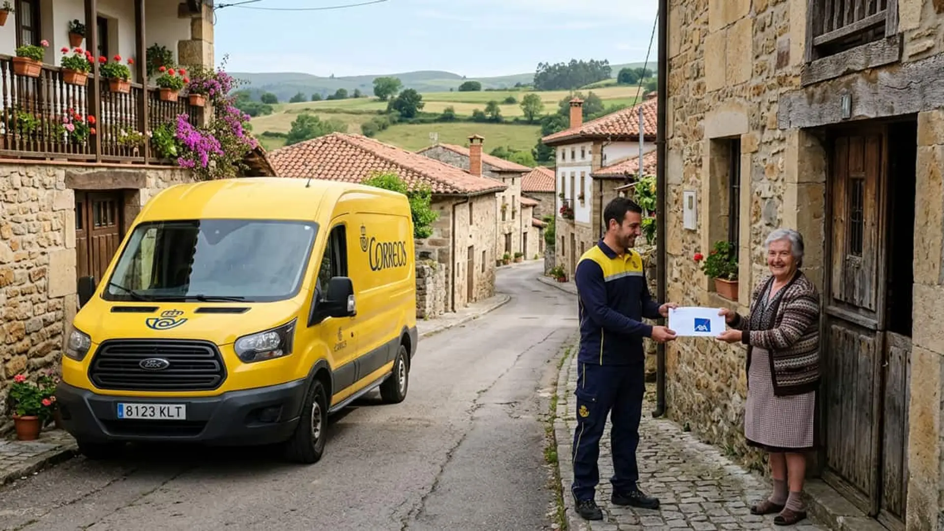 Cartero de Correos entregando una carta a una mujer mayor junto a una furgoneta amarilla en un pueblo rural