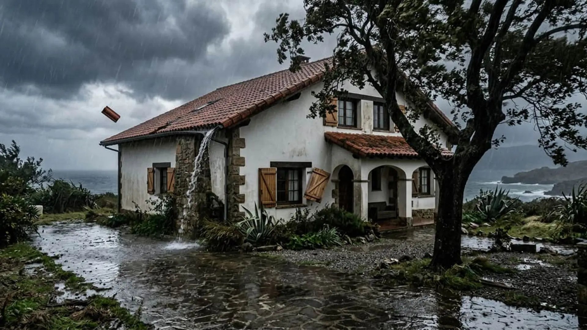 Casa costera bajo tormenta, con tejas volando y agua cayendo del tejado.