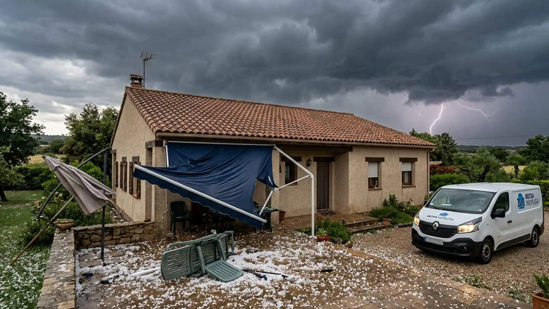 Casa con daños por granizo durante una tormenta junto a una furgoneta de Mutua Madrileña
