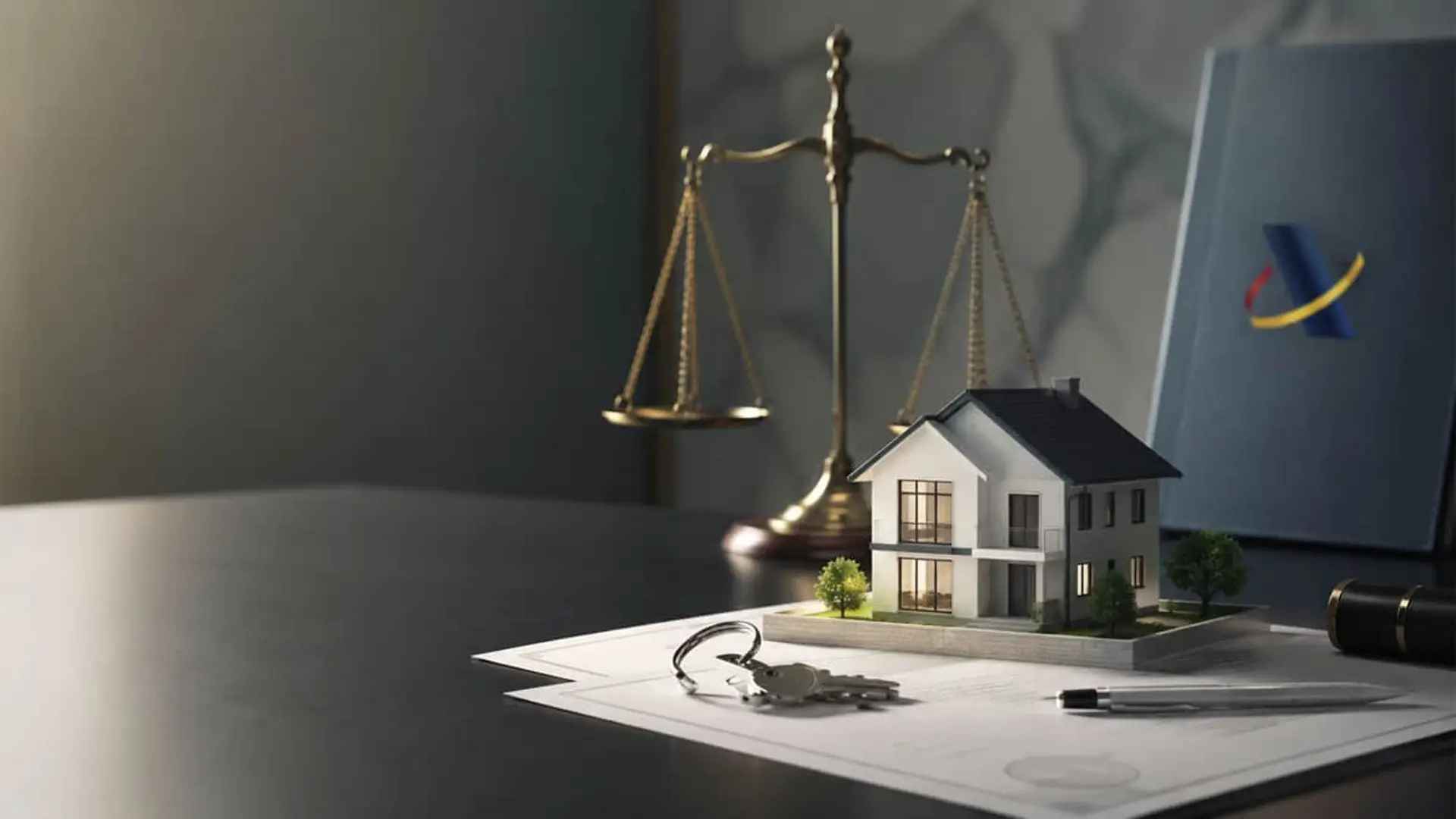Casa en miniatura sobre documentos hipotecarios con llave, balanza de justicia y Agencia Tributaria.