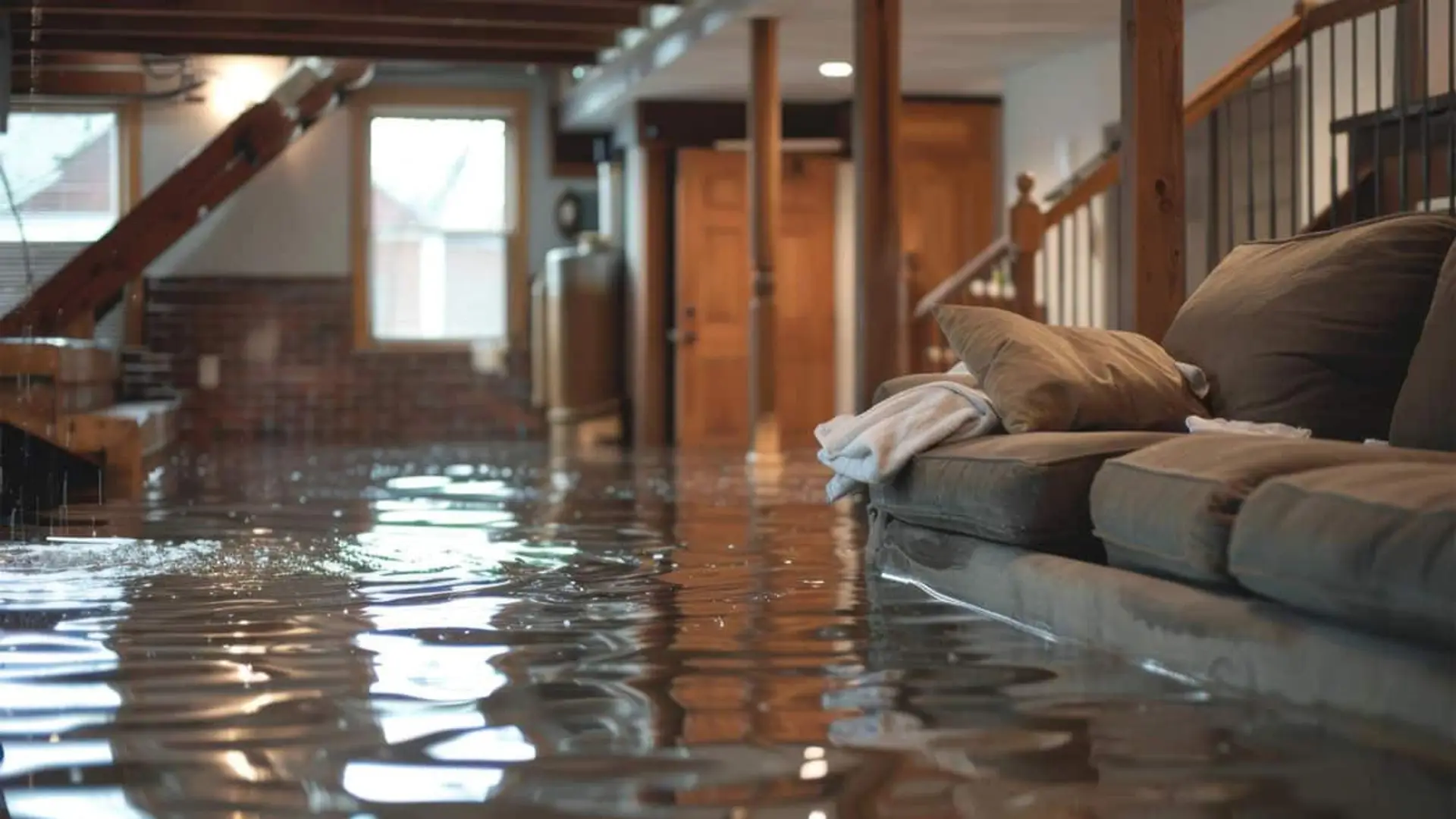 Interior de una vivienda inundada por daños de agua con el suelo cubierto de agua