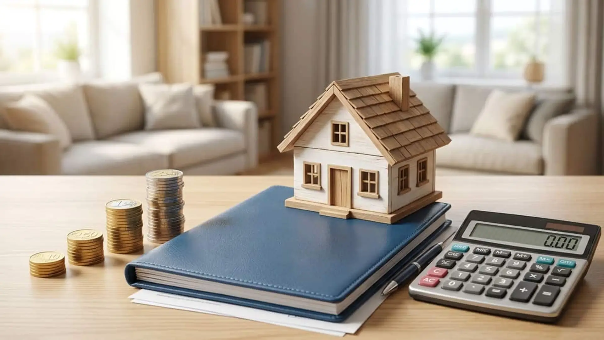 Maqueta de una casa de madera sobre una carpeta azul, junto a varias pilas de monedas y una calculadora en una mesa