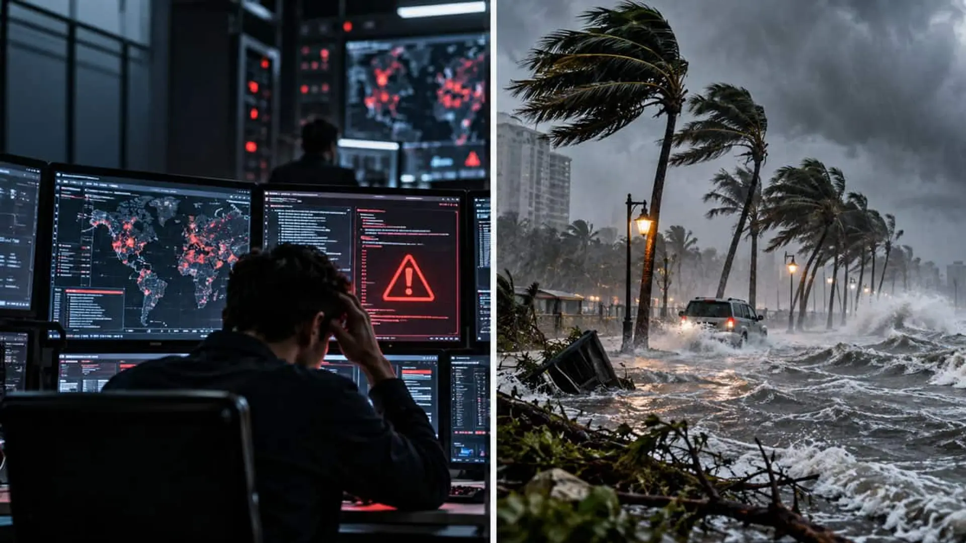 La IA supera al clima como mayor riesgo para expertos: solo el 9% ve preparadas a las autoridades Imagen dividida entre un centro de ciberseguridad con pantallas de alertas y un huracán que provoca fuertes inundaciones en una carretera costera con palmeras dobladas por el viento.