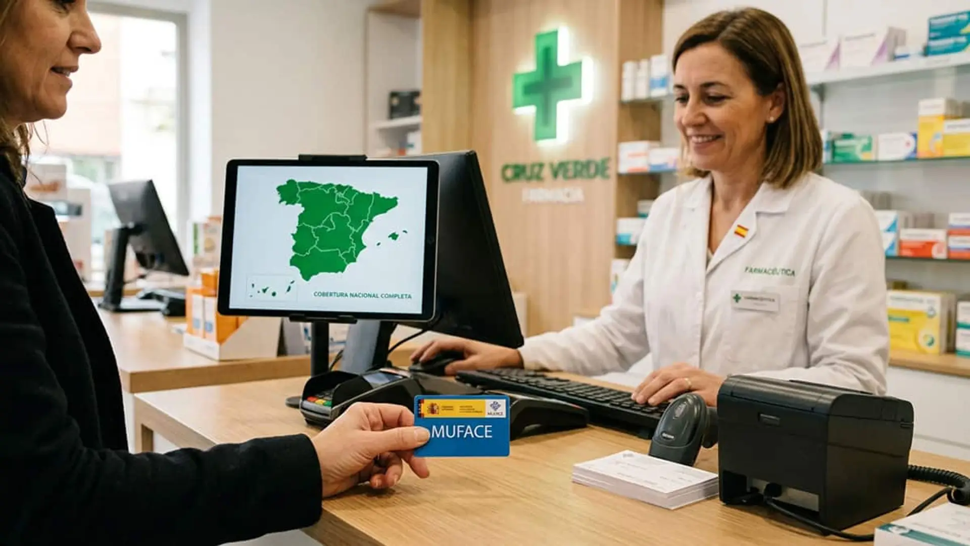 La receta electrónica de MUFACE llega a toda España: cómo retirar tus medicamentos en cualquier farmacia este verano Cliente entregando una tarjeta de Muface en el mostrador de una farmacia mientras una farmacéutica atiende la operación