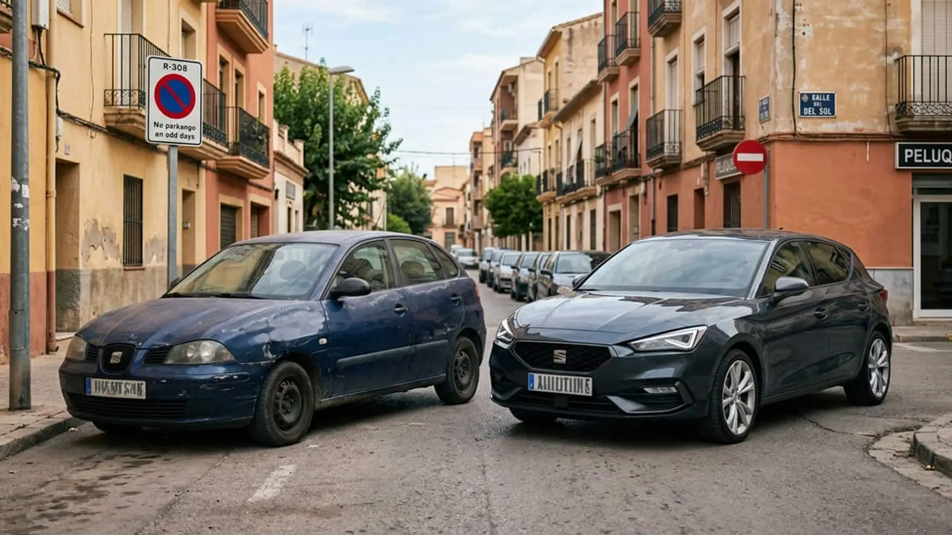 Coche antiguo y coche moderno aparcados uno junto al otro en una calle residencial