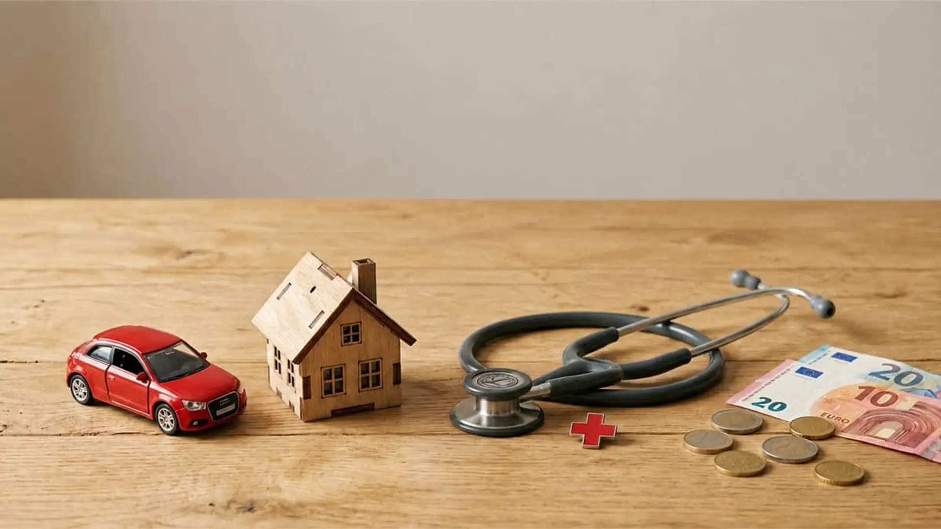 Coche rojo, casa de madera, estetoscopio, cruz médica y euros sobre una mesa.